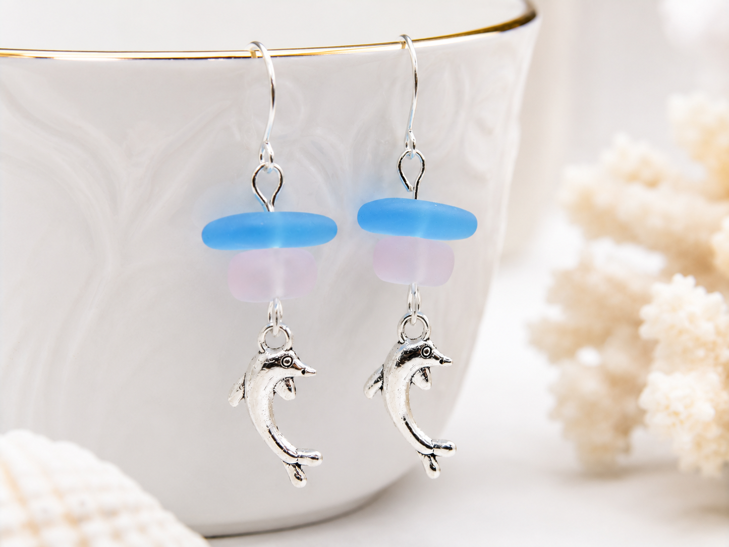 Dolphin Earrings: Frosted Seaglass & Silver Charm Jewelry