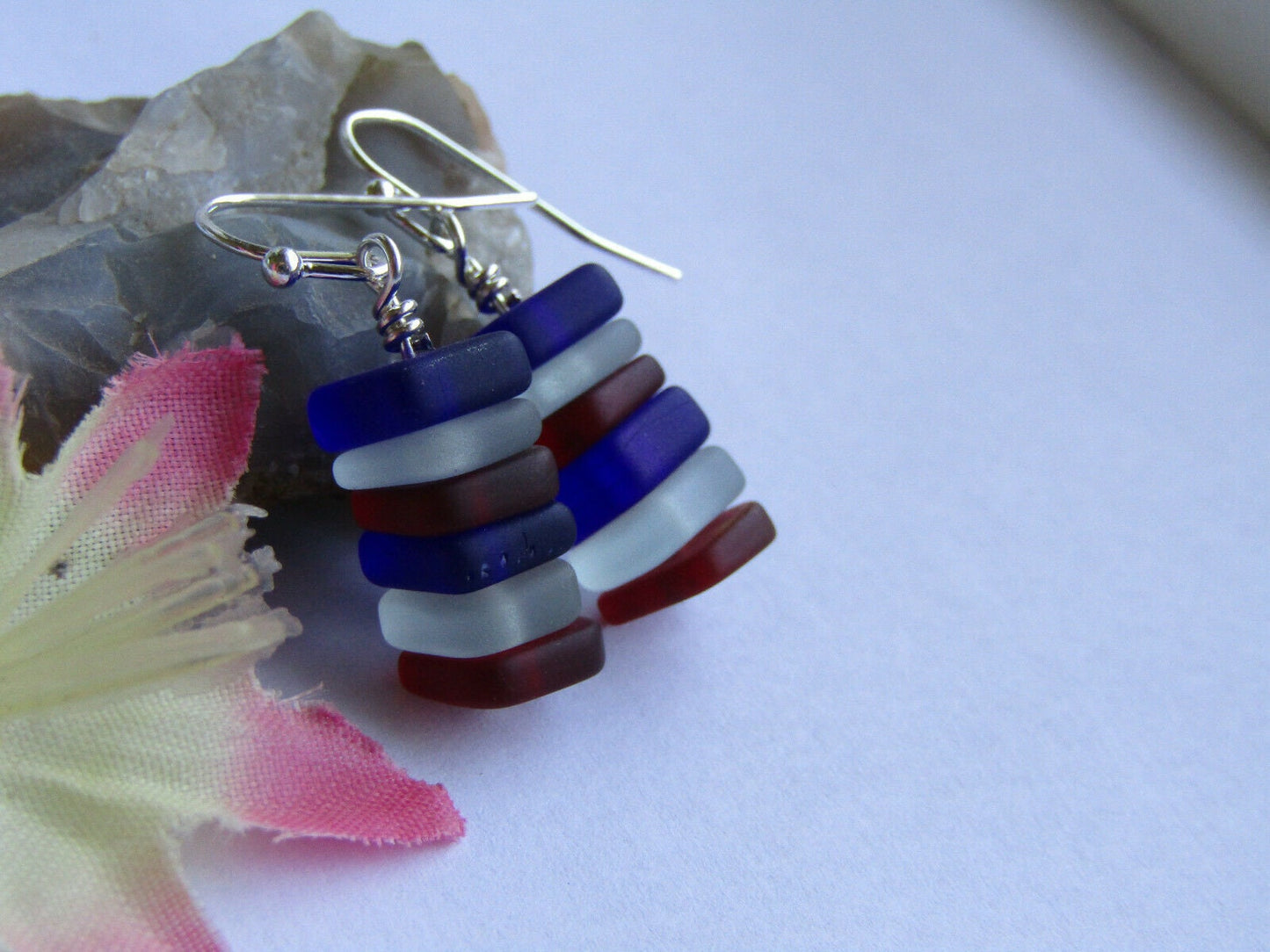 Handmade Stacked Sea Glass Earrings: Sterling Silver, Red, White & Blue