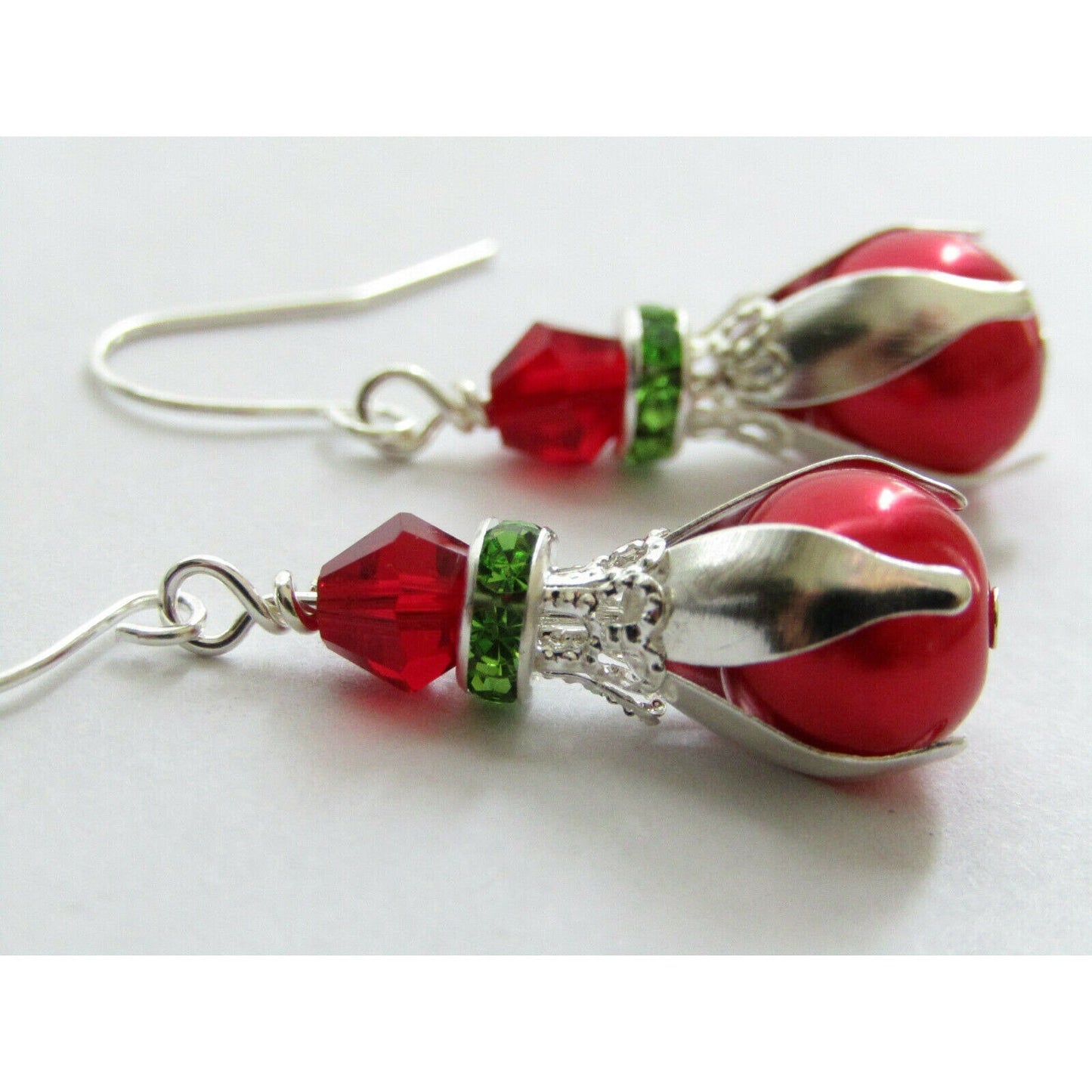 Red Pearl Sterling Silver Earrings: Frosted Glass, Green Crystal Accents