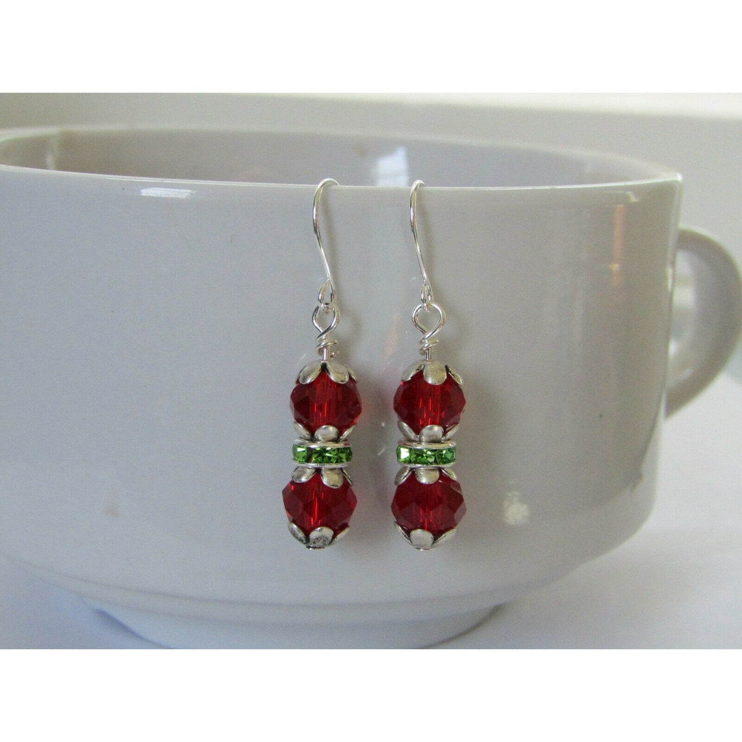 Handmade Christmas Dangle Earrings: Red Crystal & Green Rhinestone Jewelry