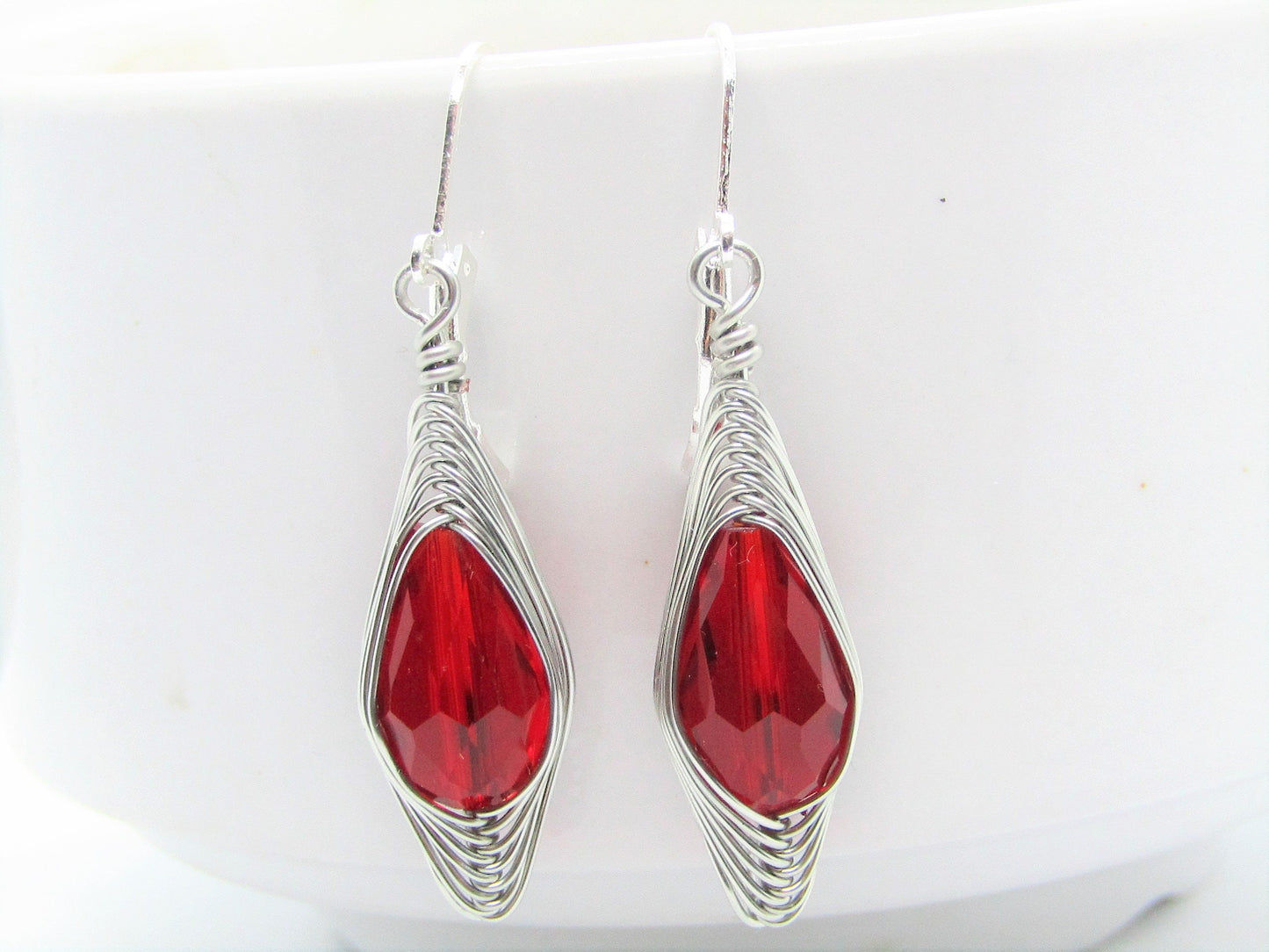Handmade Red Crystal Teardrop Earrings: Silver Wire Wrapped Dangles