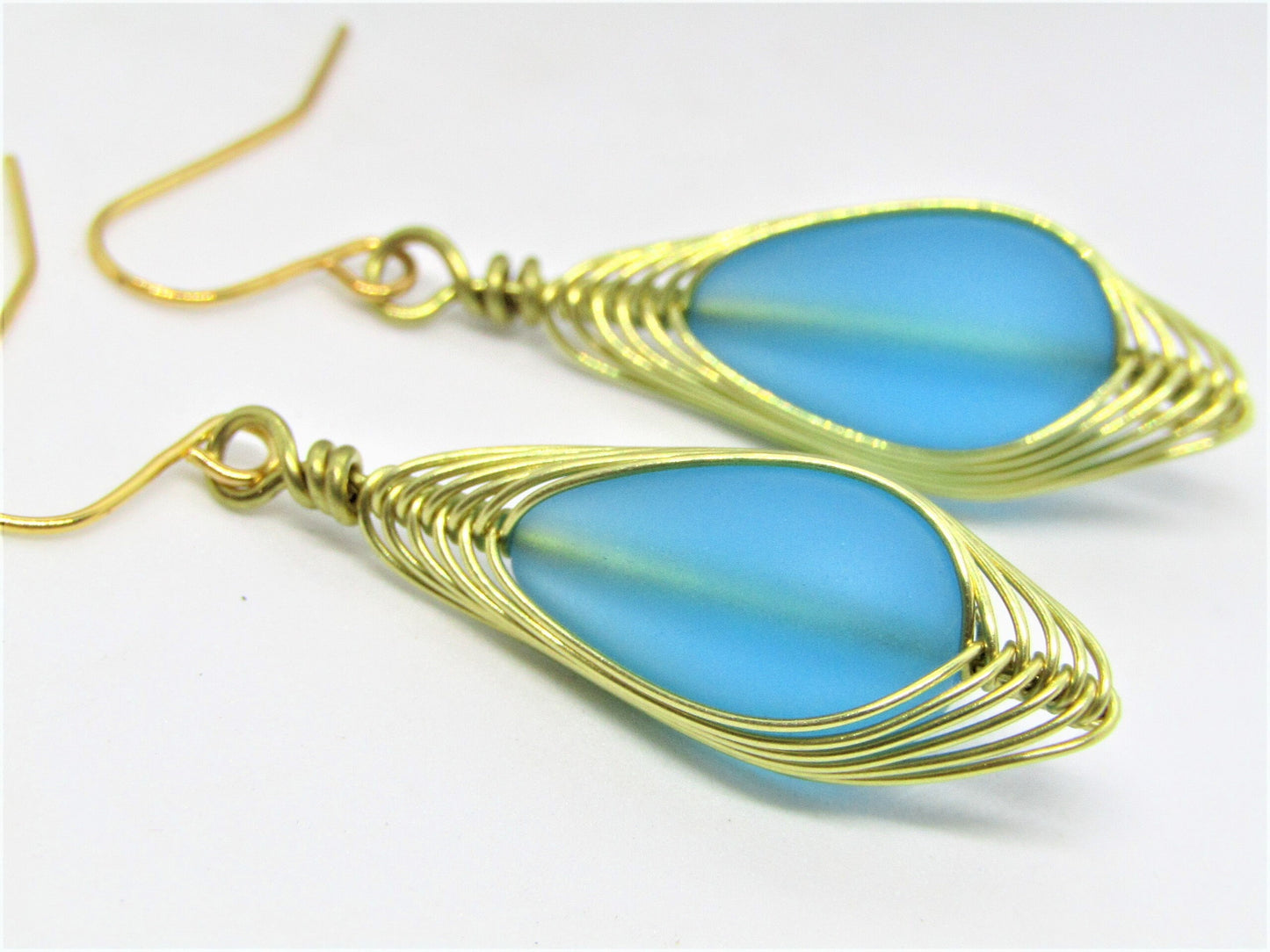 14k Gold Plated Teardrop Earrings: Frosted Sea Glass Dangle