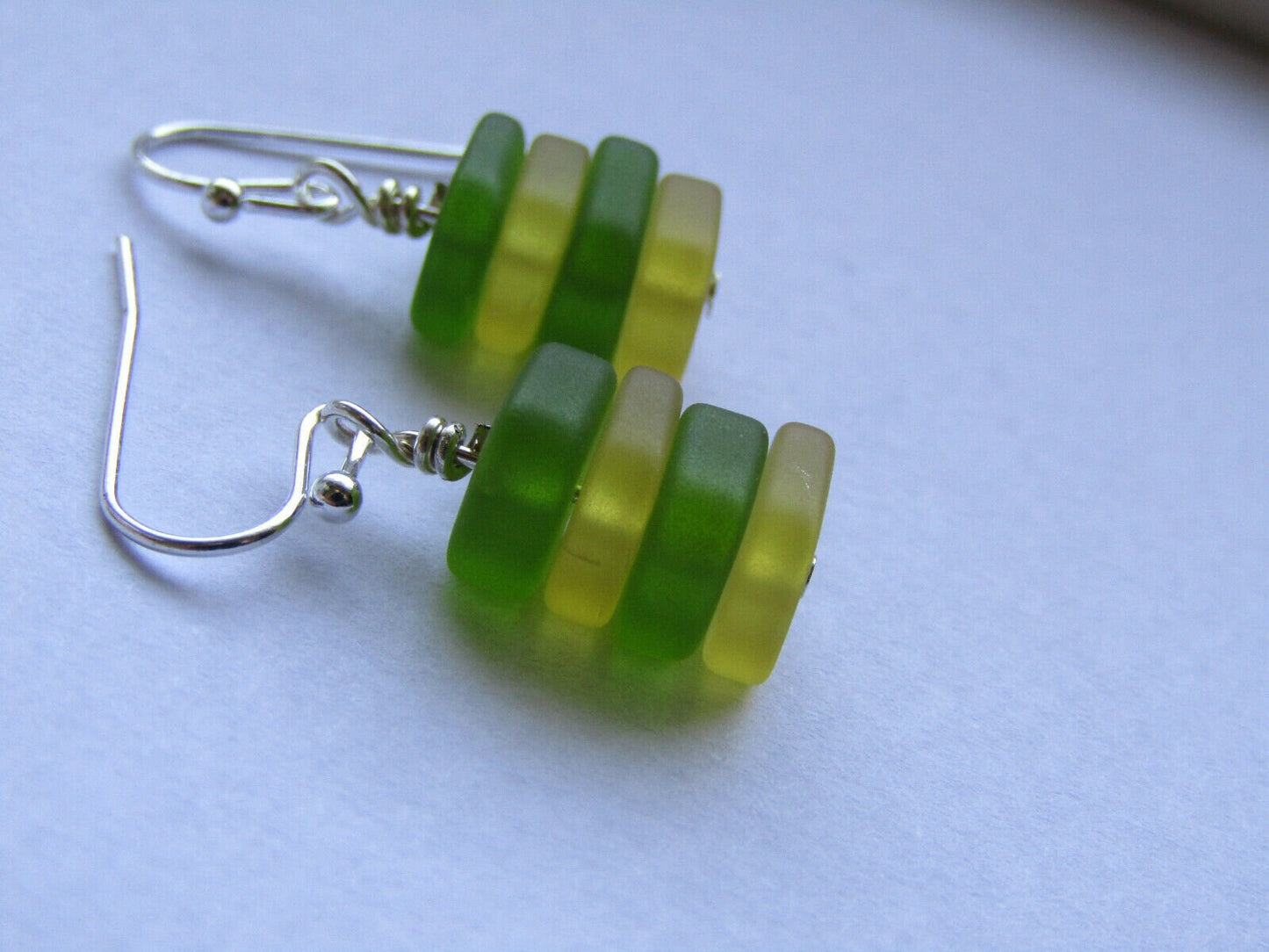 Stacked Sea Glass Dangle Earrings: Sterling Silver, Oregon Ducks Colors