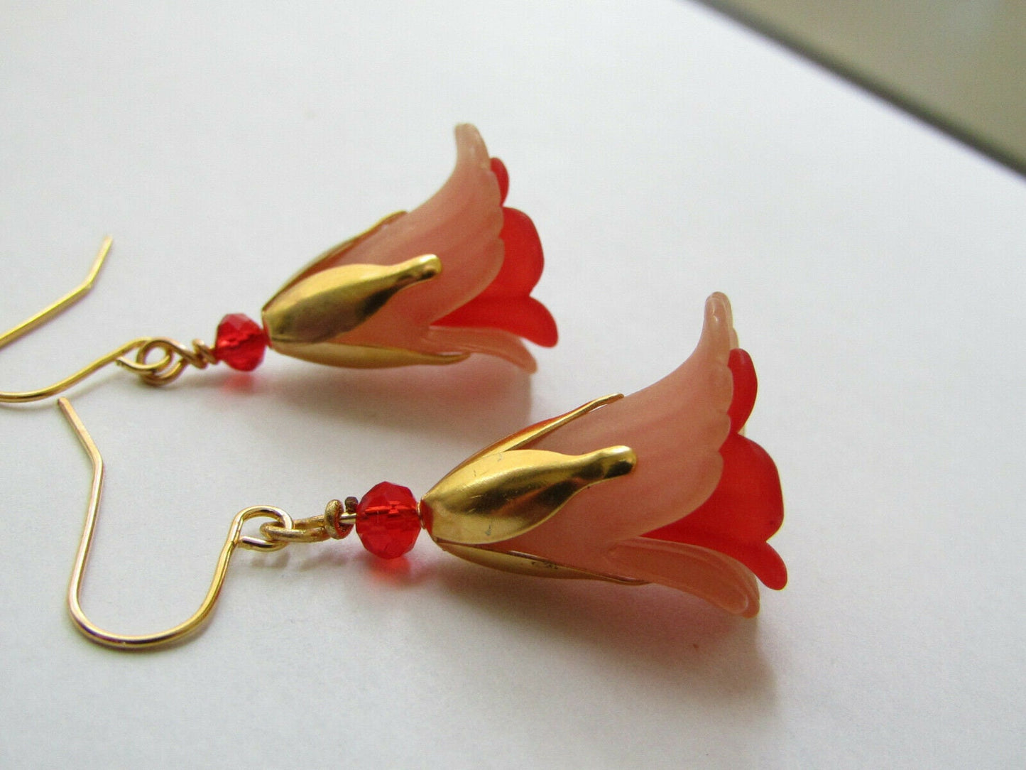 Beige Flower Dangle Earrings: Gold Floral Bead Caps, Red Crystal