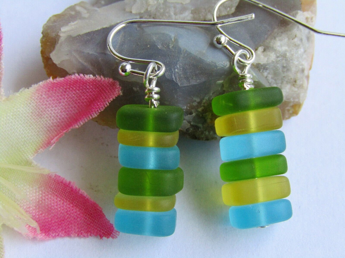 Multicolor Sea Glass Dangle Earrings: .925 Sterling Silver