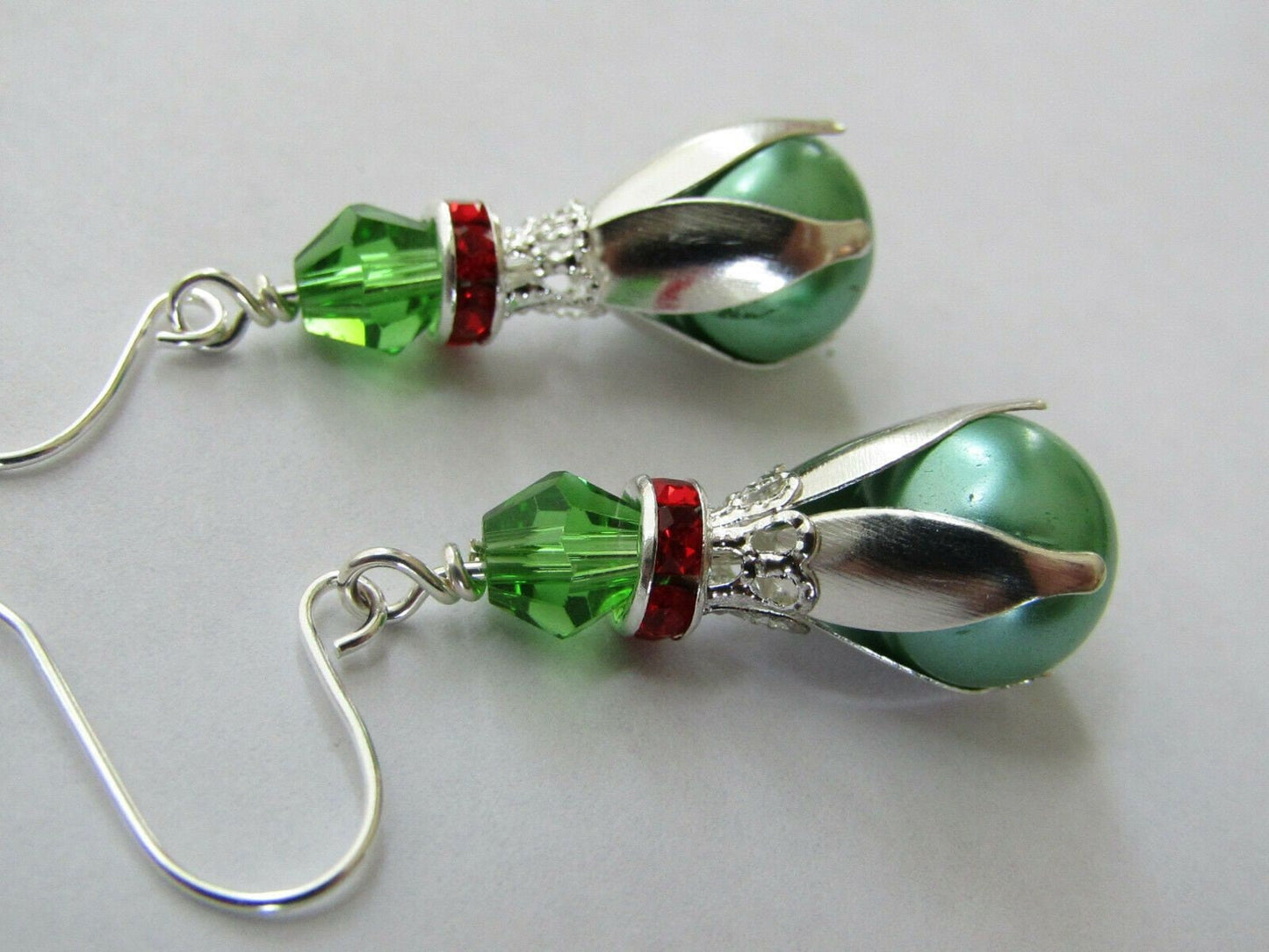 Green Pearl Dangle Earrings Holiday Earrings Christmas Earrings Gift For Her Stocking Stuffer