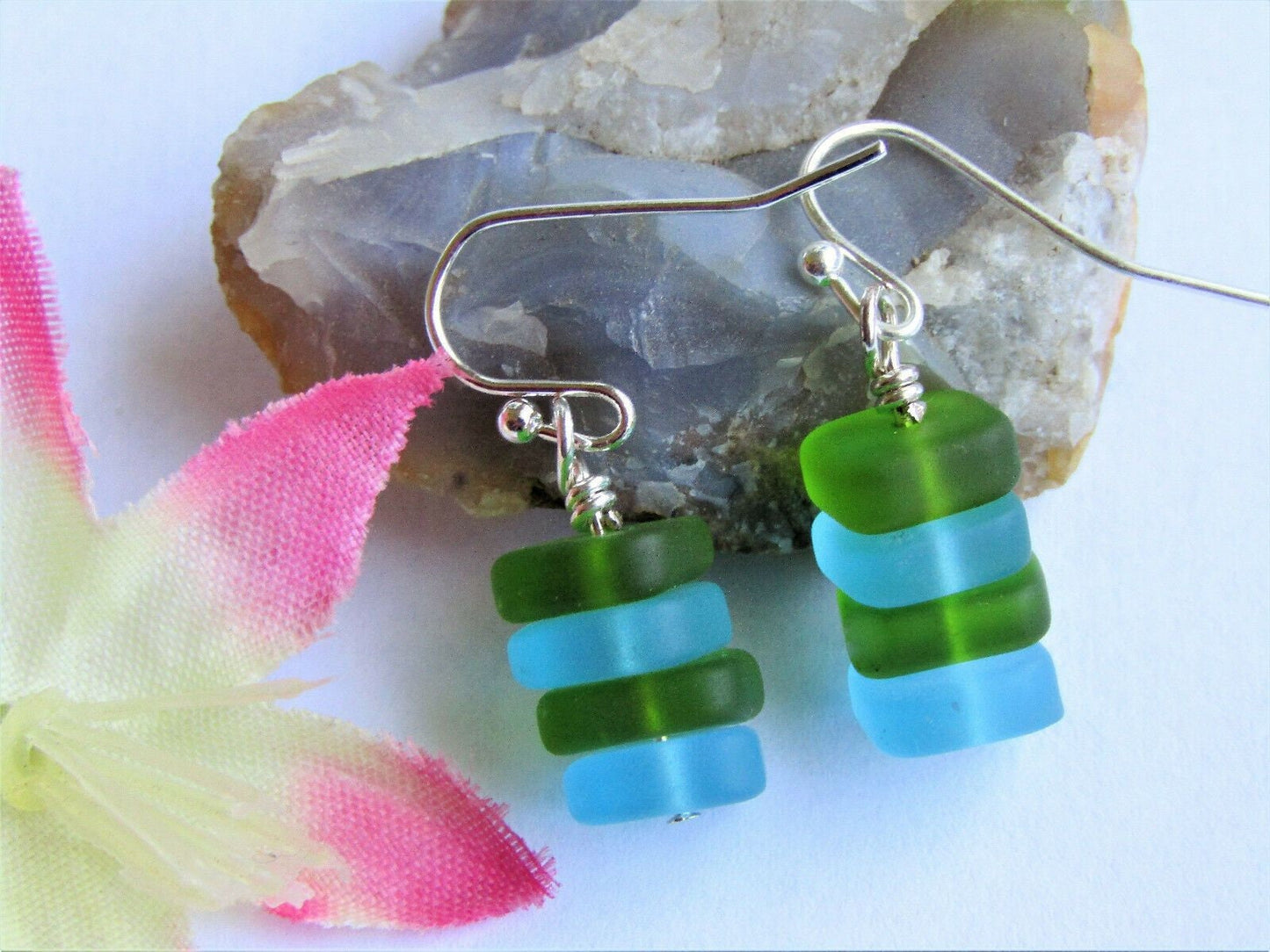 Sea Glass Earrings: Green & Blue Sterling Silver Dangle Earrings