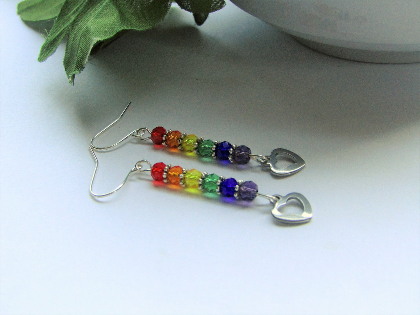 Rainbow Pride Earrings: Stainless Steel Heart Charm, Glass Beads
