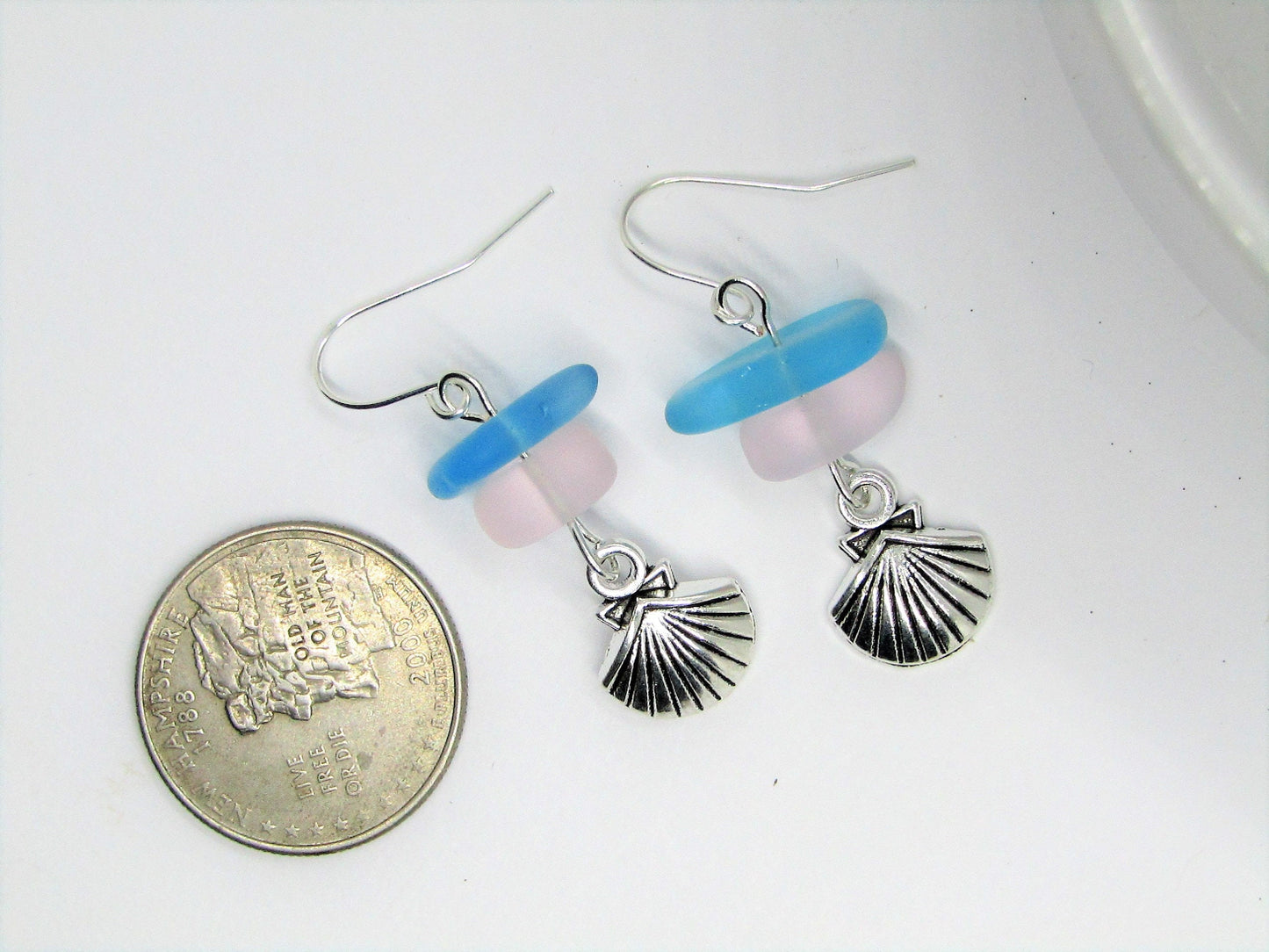 Frosted Sea Glass Earrings: Sterling Silver Seashell Dangle Earrings