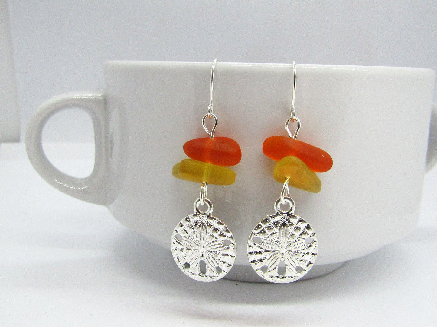 Sea Glass Earrings: Sterling Silver Sand Dollar Charm, Beach Jewelry