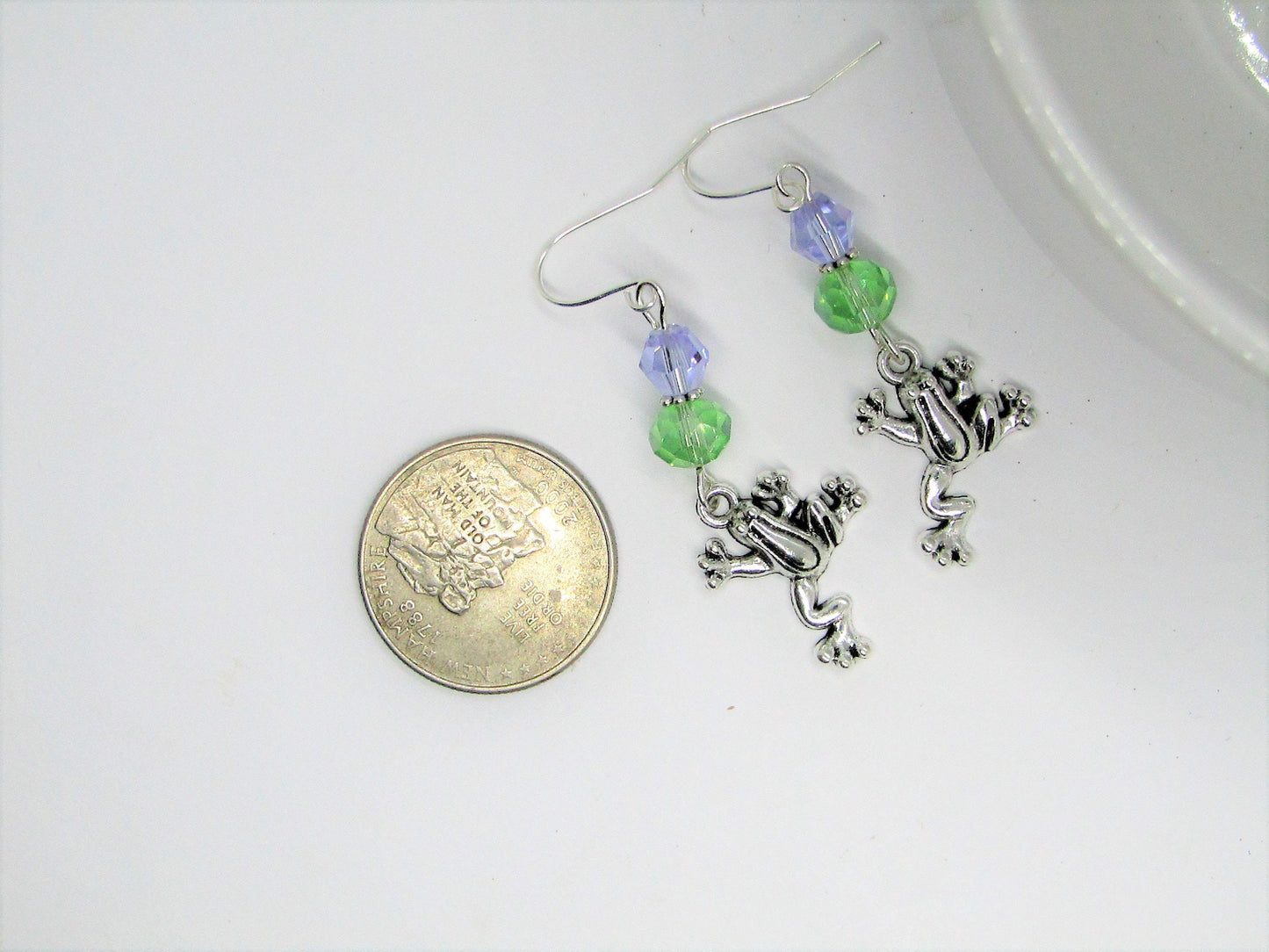 Frog Dangle Earrings: Green & Purple Glass Beads, Silver Plated