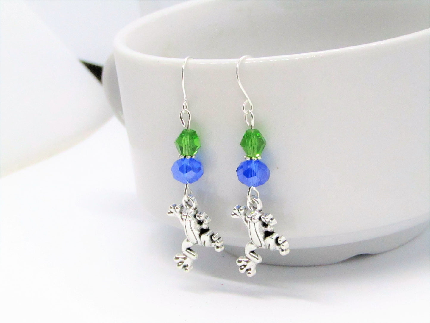 Frog Charm Dangle Earrings: Green & Blue Glass Beads, Silver Plated