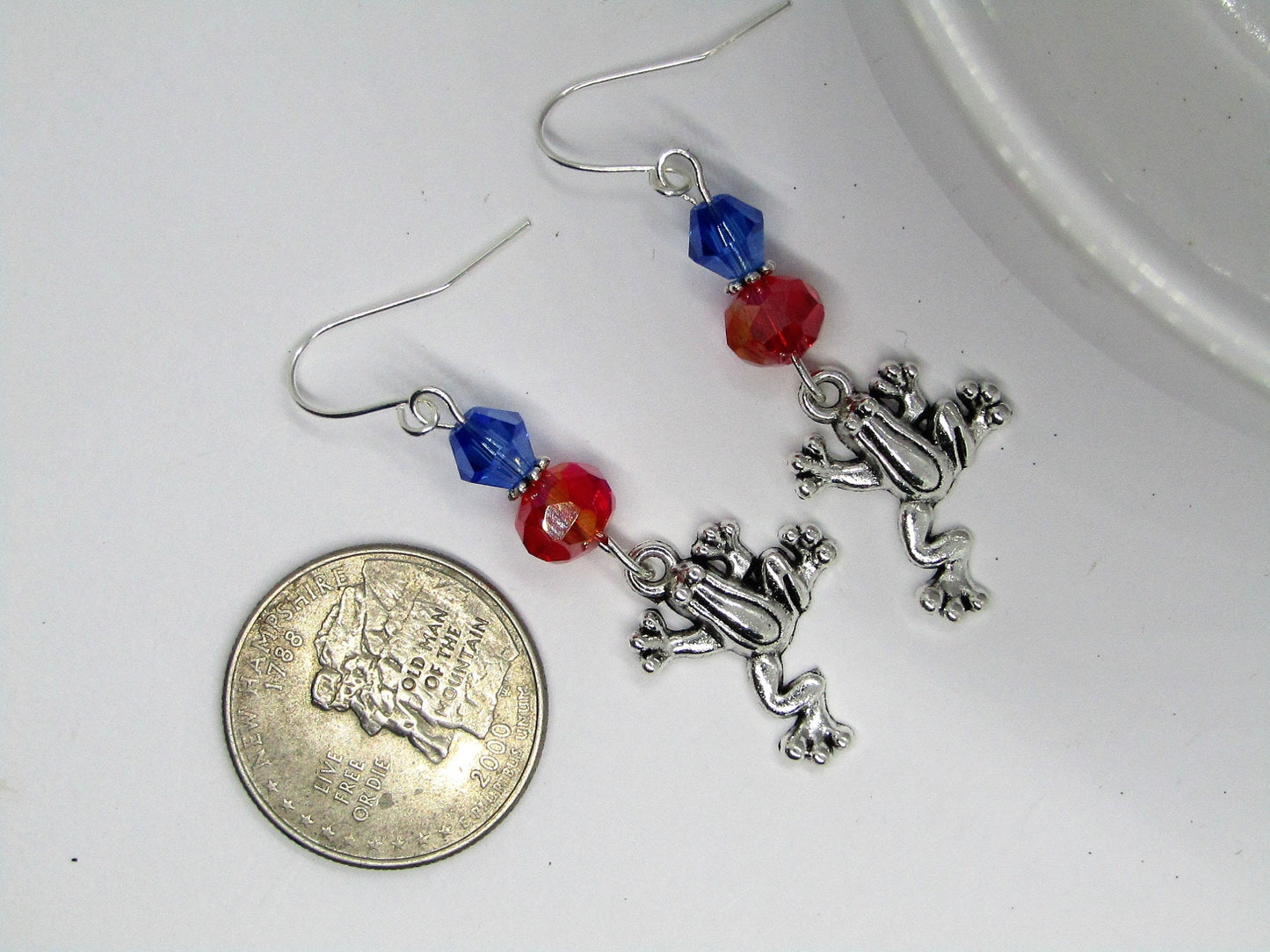 Frog Dangle Earrings: Red & Blue Glass, Stainless Steel Charm