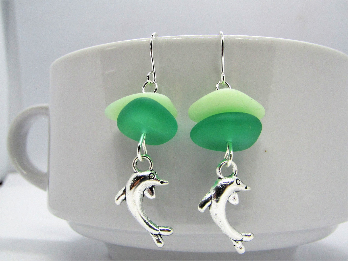 Sea Glass Dolphin Earrings: Sterling Silver Beach Jewelry