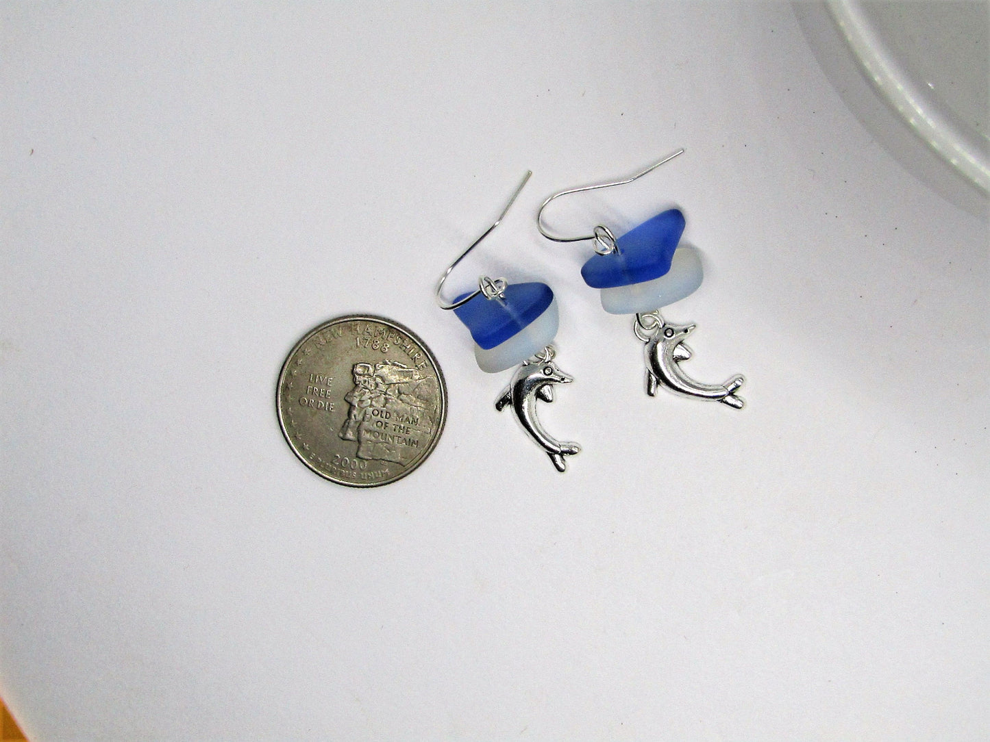 Dolphin Earrings: Frosted Sea Glass, Moonstone Opal & Sapphire Blue