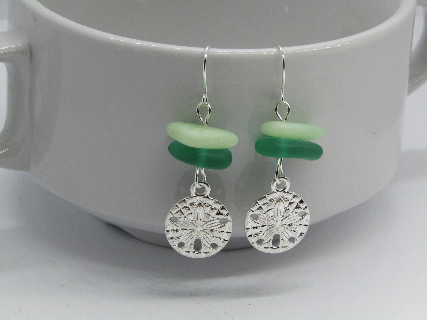 Frosted Sea Glass Earrings: Silver Sand Dollar Dangles