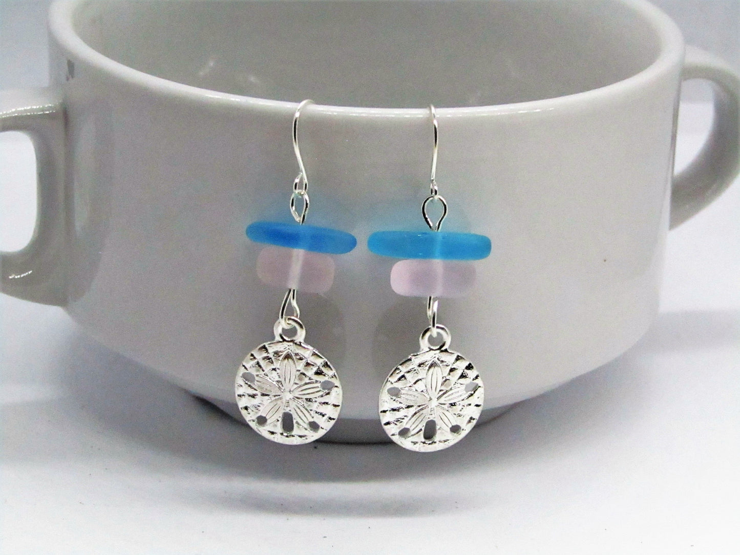 Sea Glass Earrings: Sterling Silver Sand Dollar Dangle Earrings