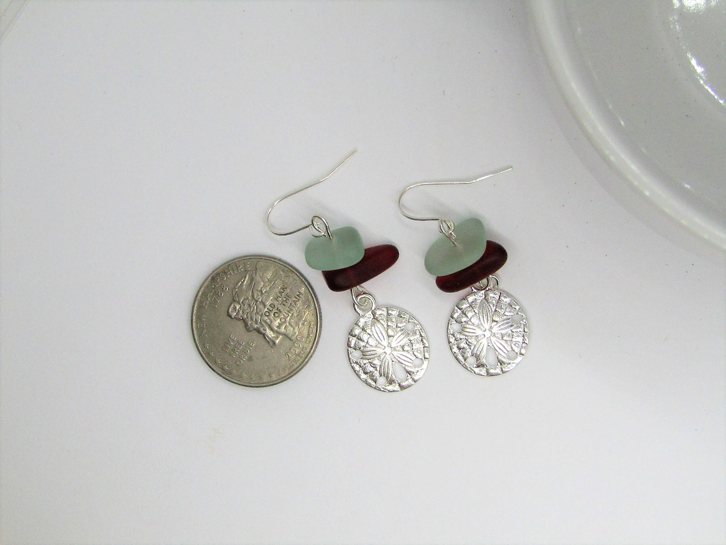 Frosted Sea Glass Earrings: Red & Blue Pebble, Silver Sand Dollar Charm