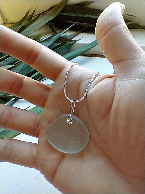 Inspirational Necklace Peace Aqua Blue Sea Glass Pendant Silver Snake Chain Necklace Minimalist Necklace Personalized Necklace Gift For Her