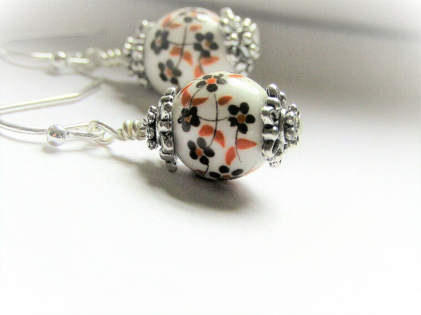 Floral Ceramic Earrings: Sterling Silver Dangles, Boho Jewelry