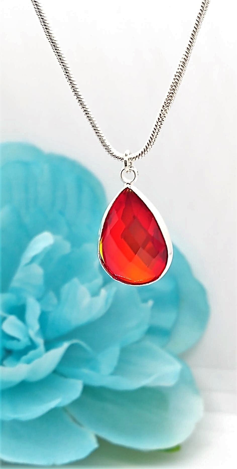 Faceted Teardrop Necklace: Silver Plated Pendant, Custom Color