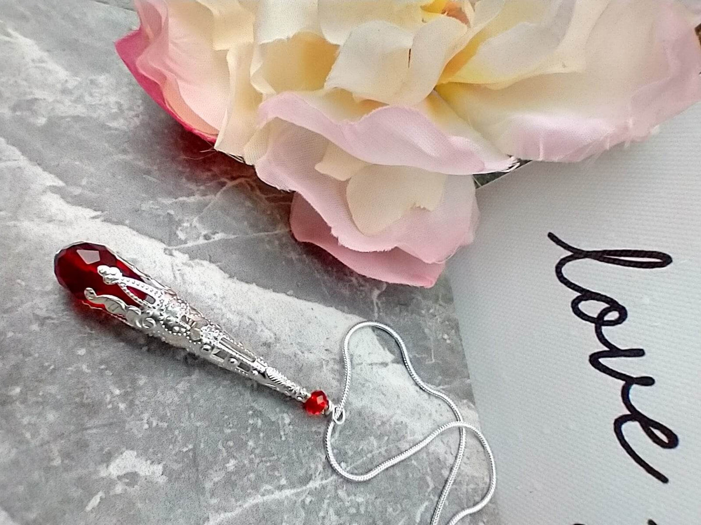 Crystal Teardrop Pendant Necklace: Silver Filigree, Colorful Jewelry