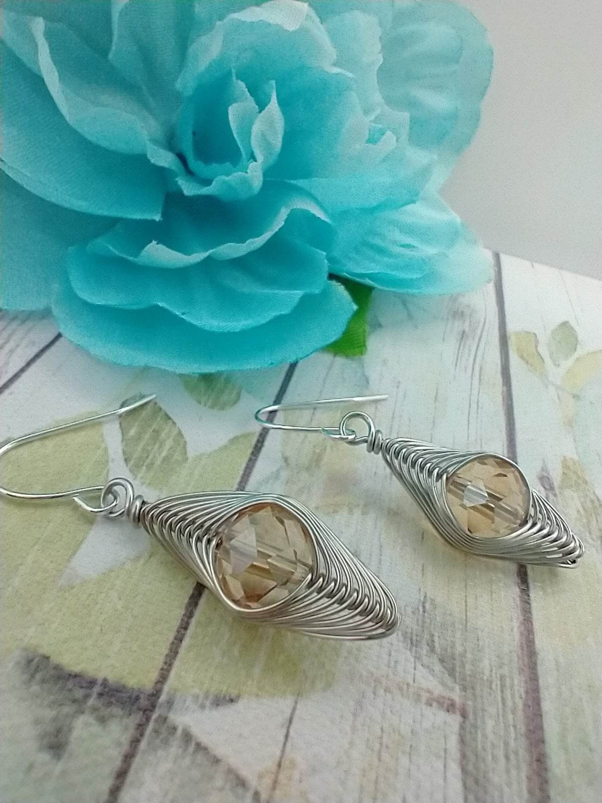 Dainty Crystal Dangle Earrings: Silver Wire Wrapped, Boho Style