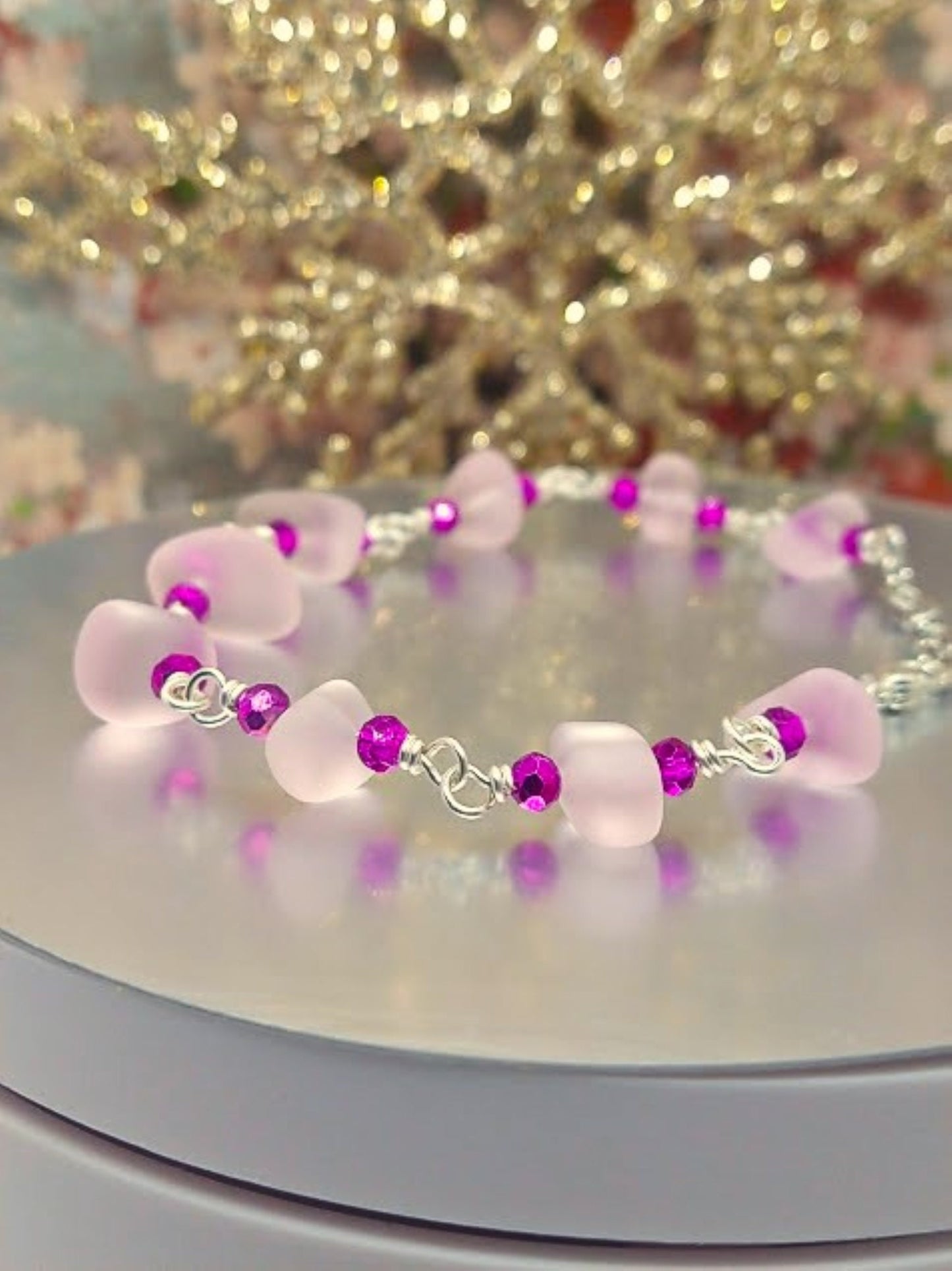 Pink Sea Glass Bracelet: Adjustable Silver Chain, Beach Jewelry