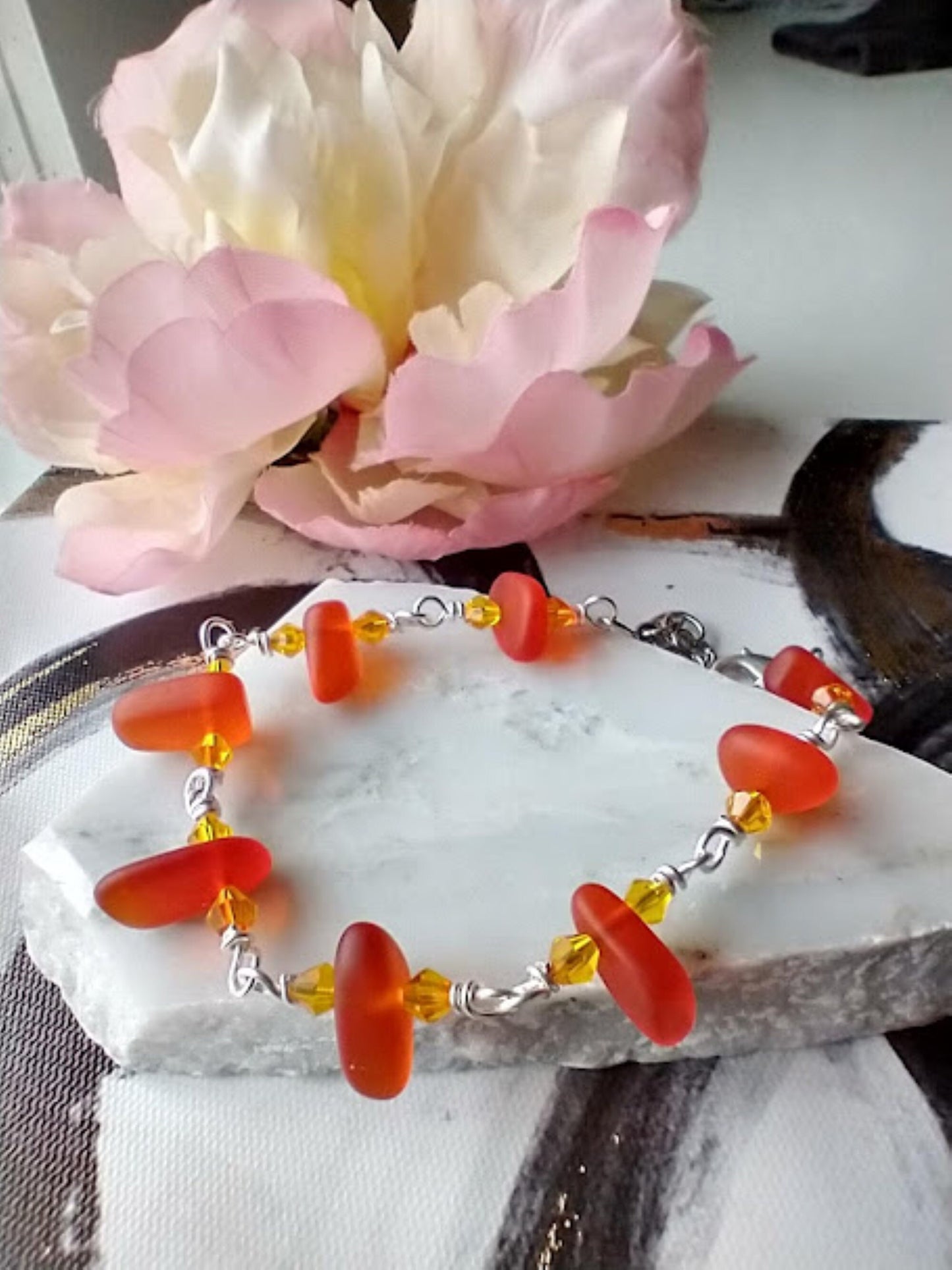 Orange Sea Glass Bracelet: Silver Chain Link, Beach Jewelry