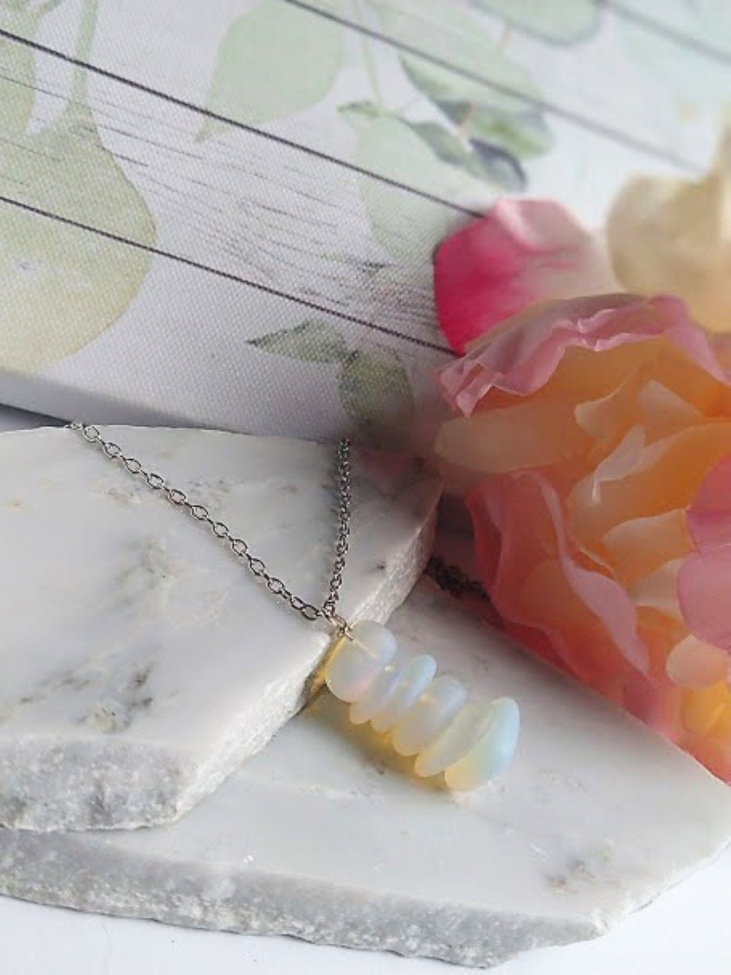 Opal Sea Glass Necklace: Stainless Steel Cable Chain, Beach Jewelry