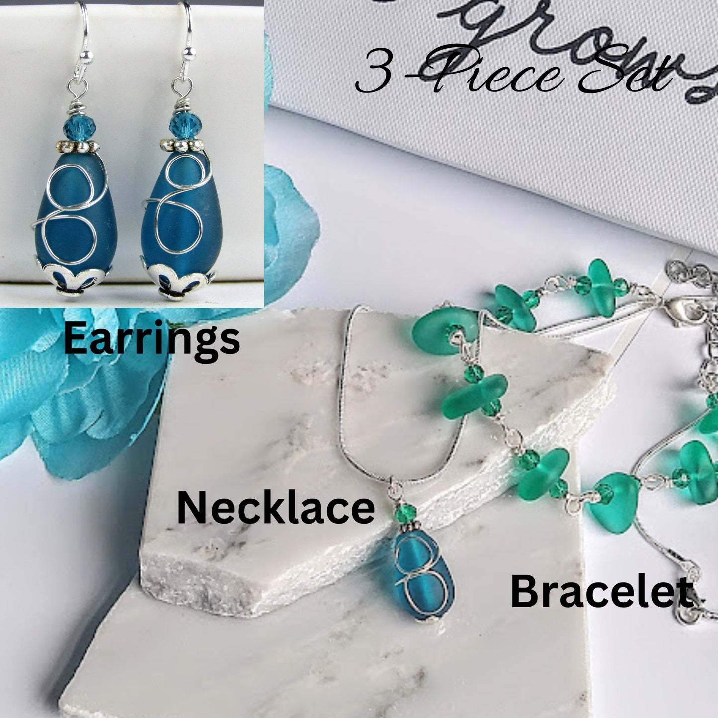 Teal Sea Glass Bracelet: Silver Chain Link, Handmade Jewelry