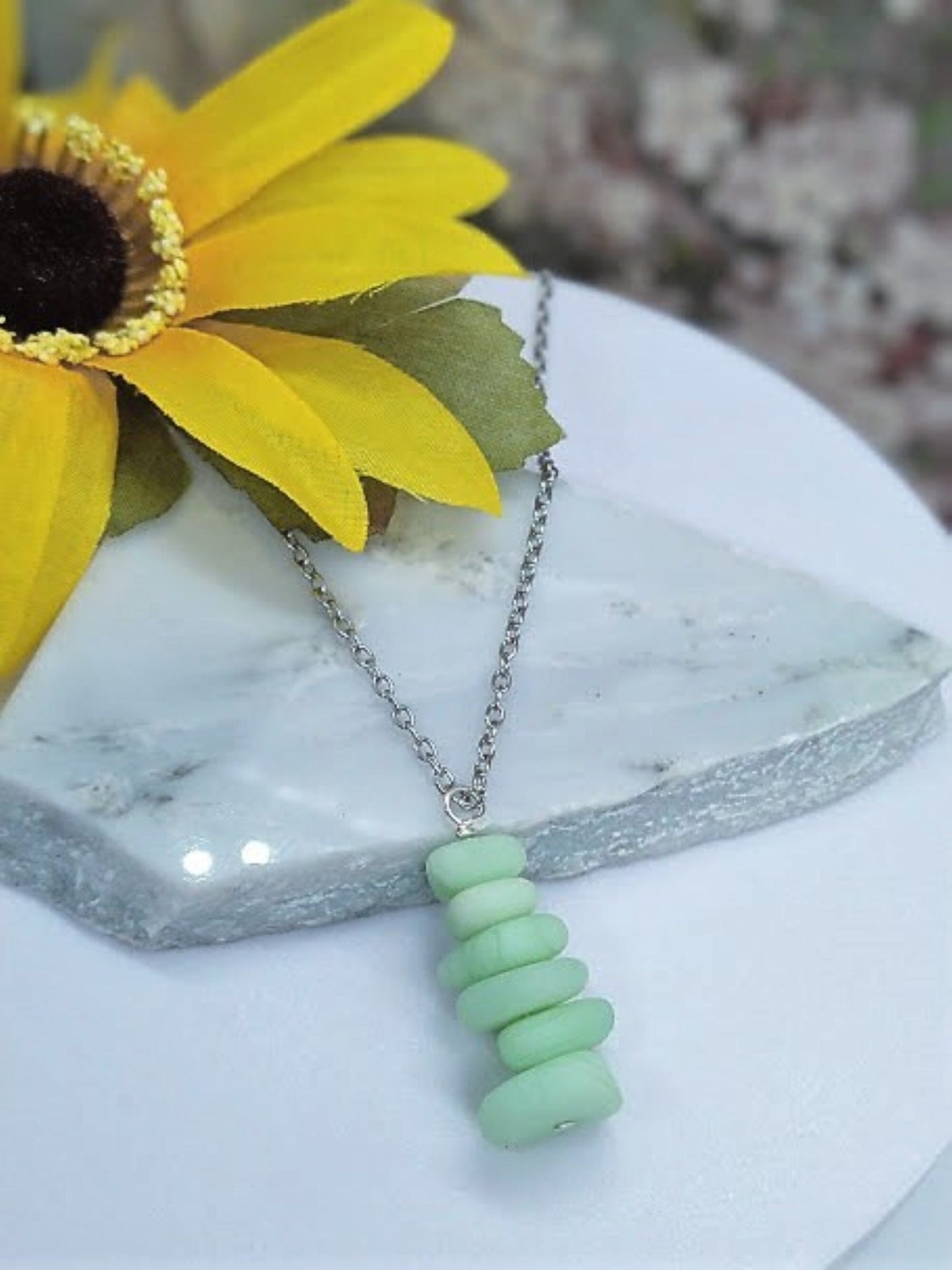 Mint Green Sea Glass Pendant Necklace, Stainless Steel Chain