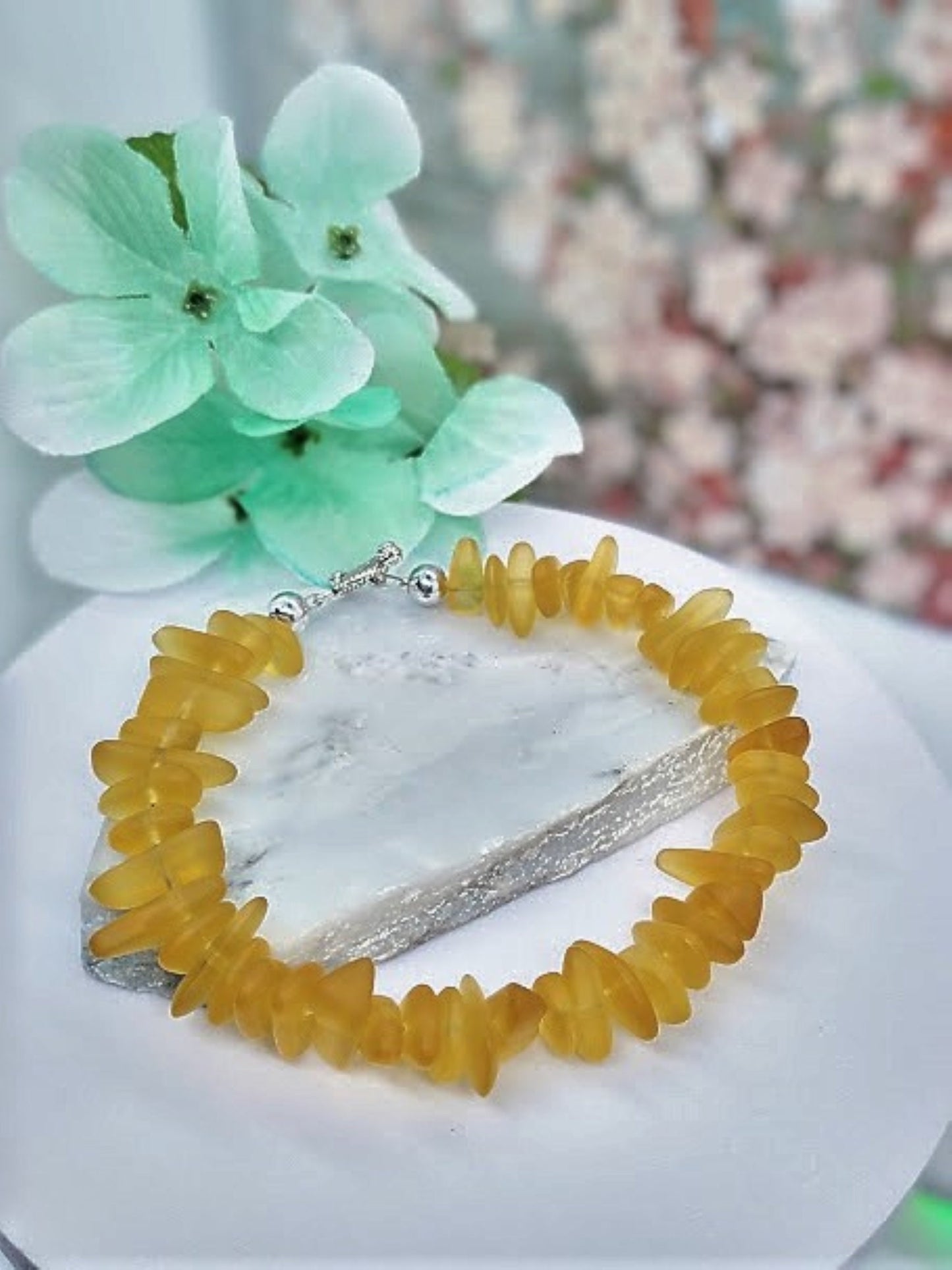 Yellow Sea Glass Bracelet: Sterling Silver Toggle Clasp, Beach Wedding Jewelry