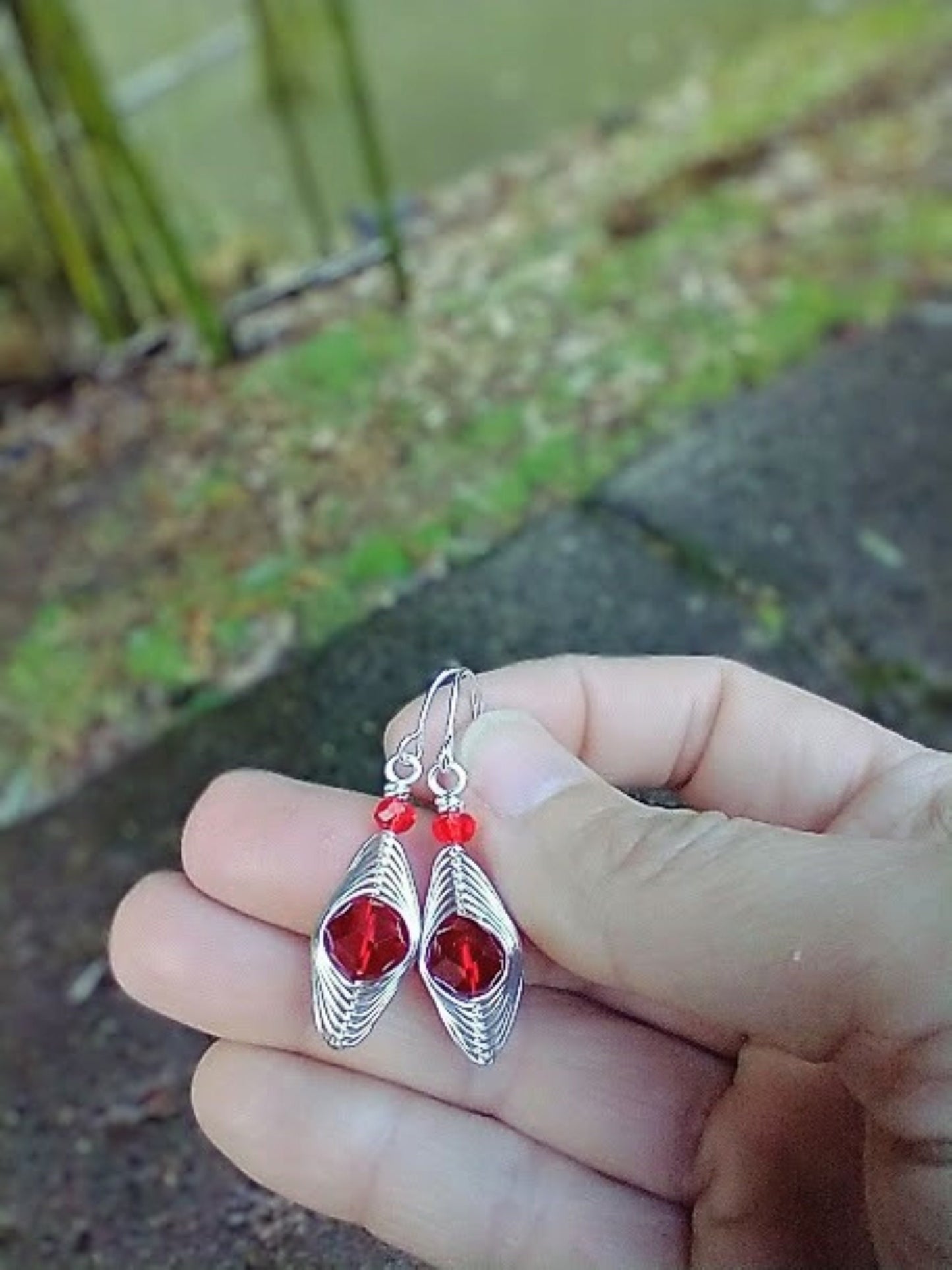Handmade Mini Wire Wrapped Earrings: Red Crystal Dangle Jewelry