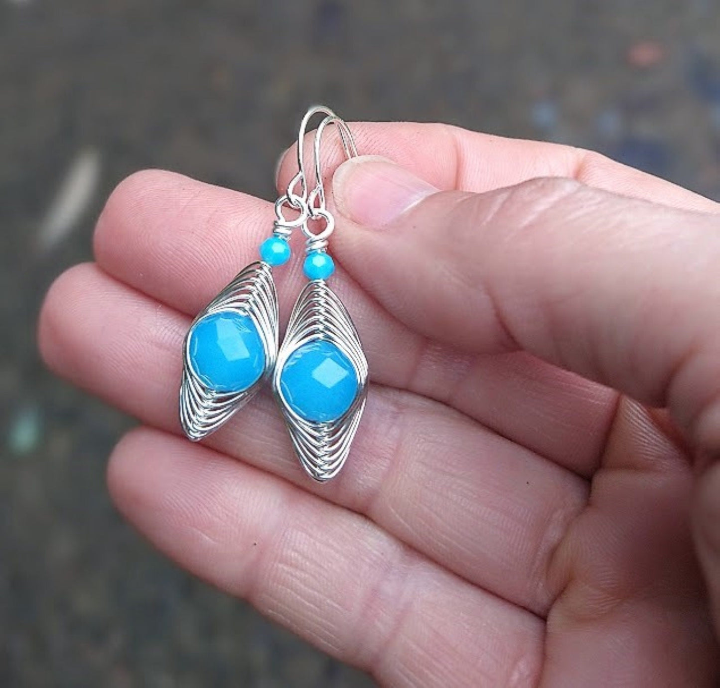 Aquamarine Glass Dangle Earrings: Sterling Silver Wire Wrapped Crystal