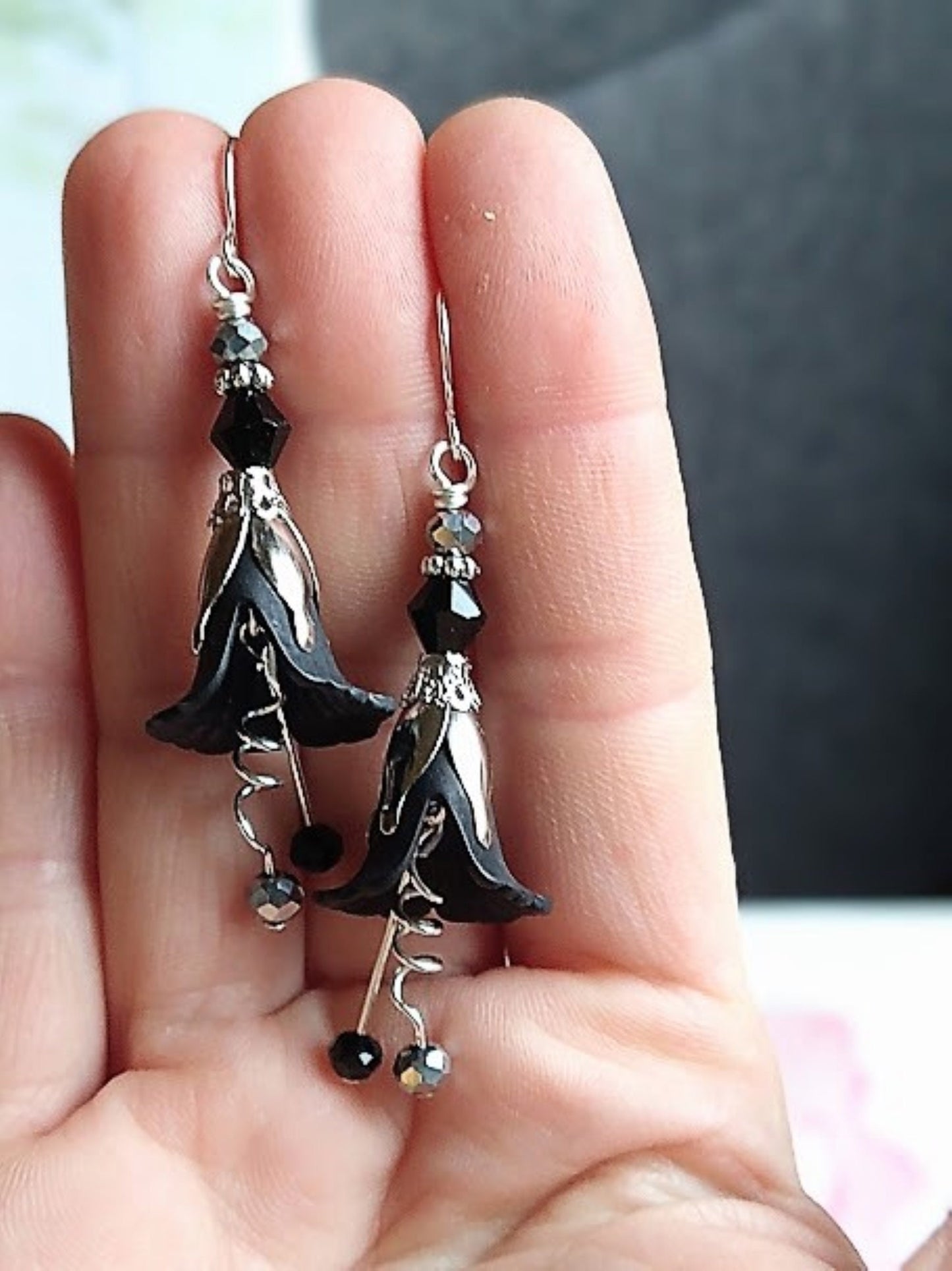 Black Flower Dangle Earrings, Silver Accents, Floral Drop Earrings