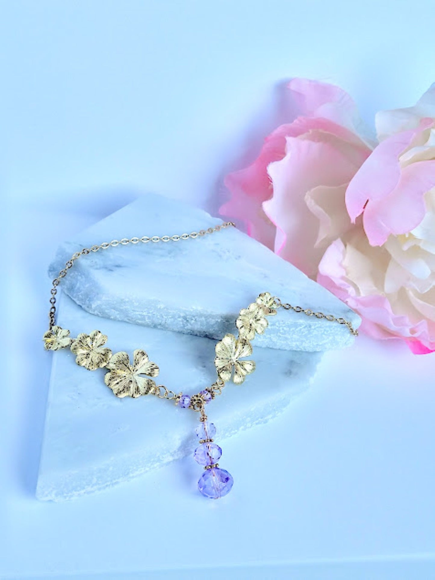 Gold Plumeria Flower Necklace with Amethyst Gemstone Crystals