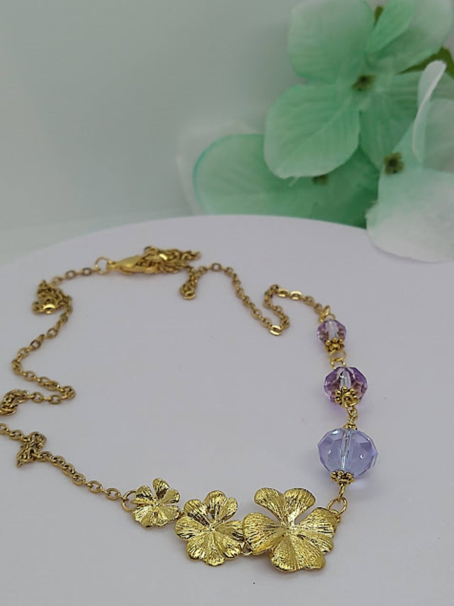 24kt Gold Plumeria Flower Necklace: Amethyst Crystal Bridal Jewelry