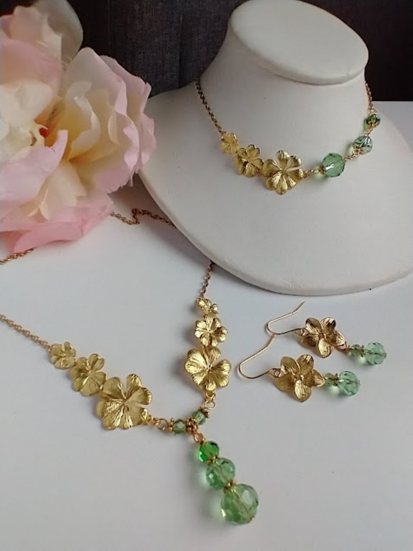 Gold Plumeria Flower Necklace: Green Glass Hawaii Bridal Chain