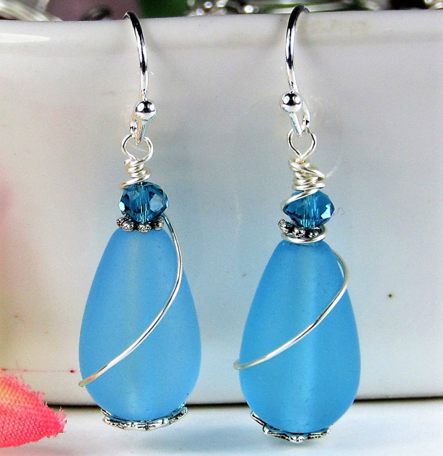 Frosted Sea Glass Teardrop Earrings: Sterling Silver Wire-Wrapped Jewelry