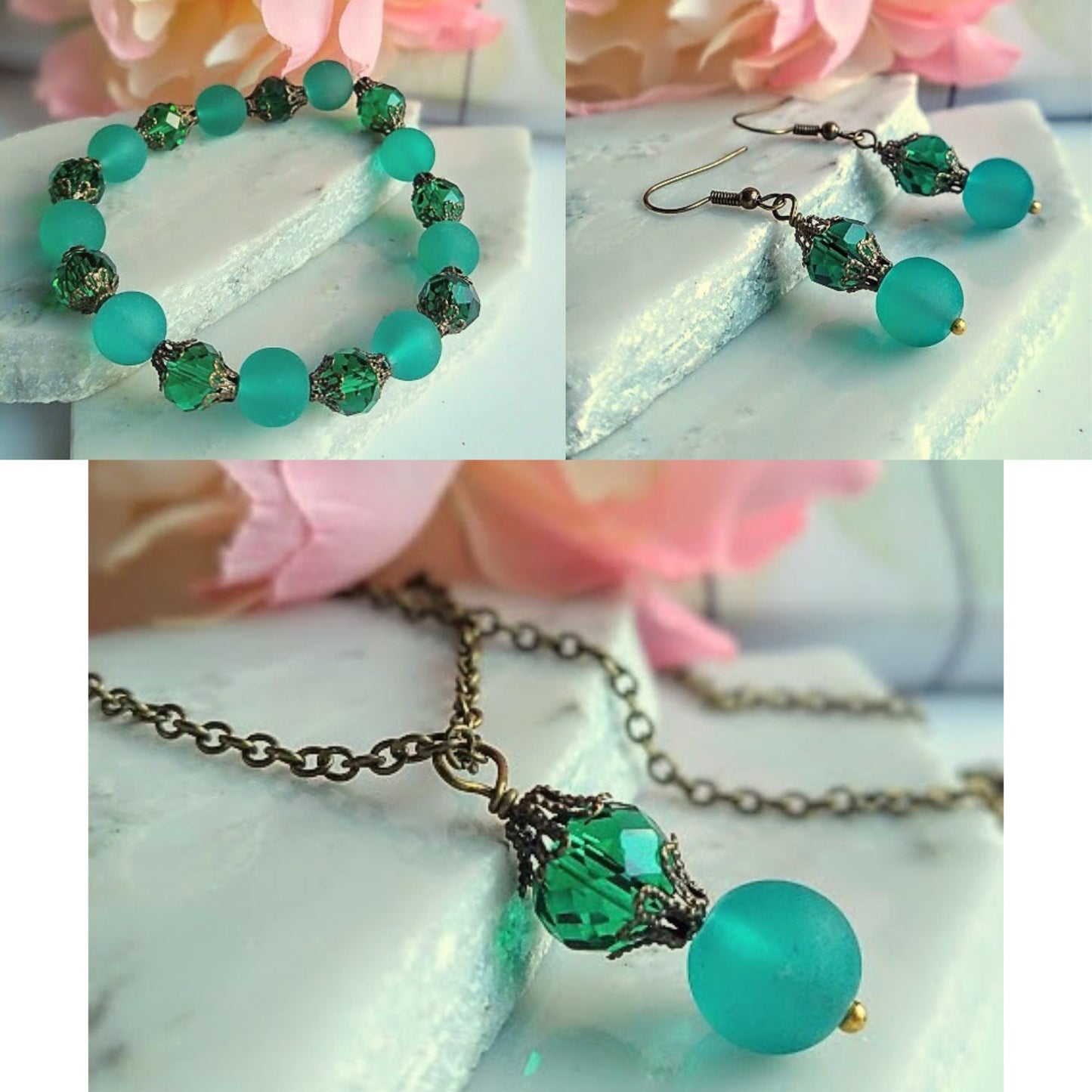 Teal Sea Glass Dangle Earrings: Brass Victorian Style