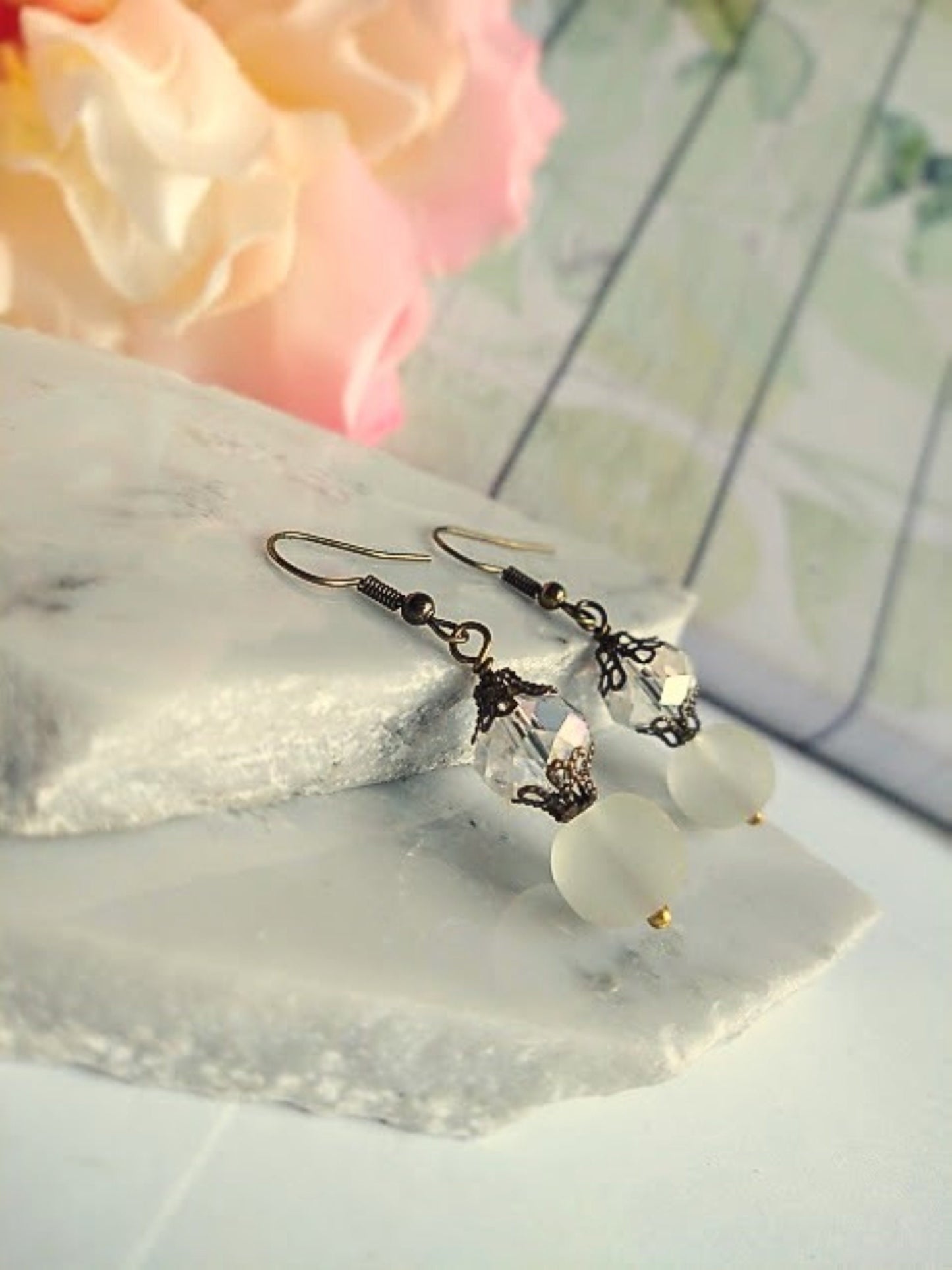 White Sea Glass Stretch Bracelet: Antique Brass Gemstone