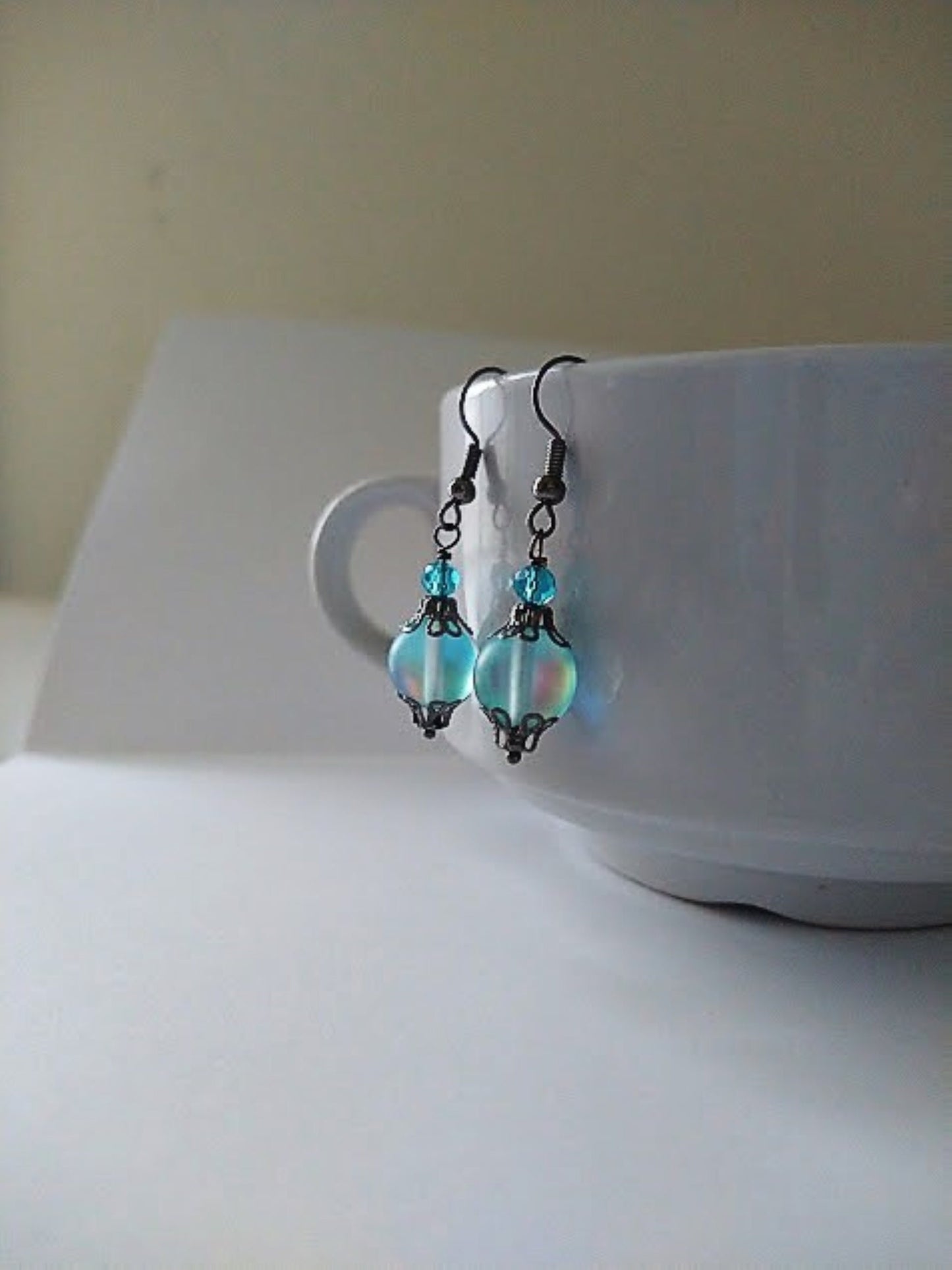 Blue Mermaid Glass Dangle Earrings: Gunmetal Gray, Hypoallergenic