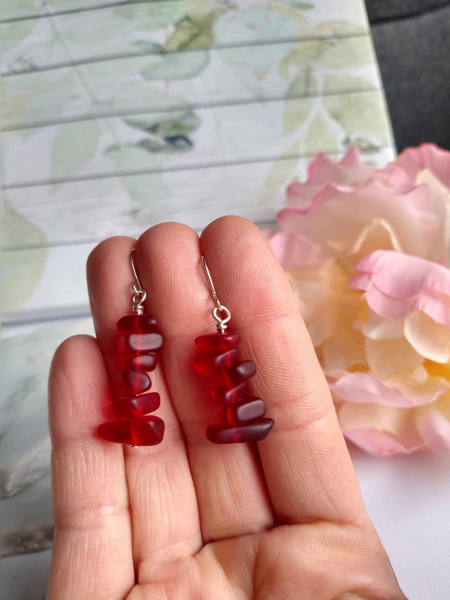 Red Frosted Sea Glass Earrings: Sterling Silver Dangle Beach Jewelry