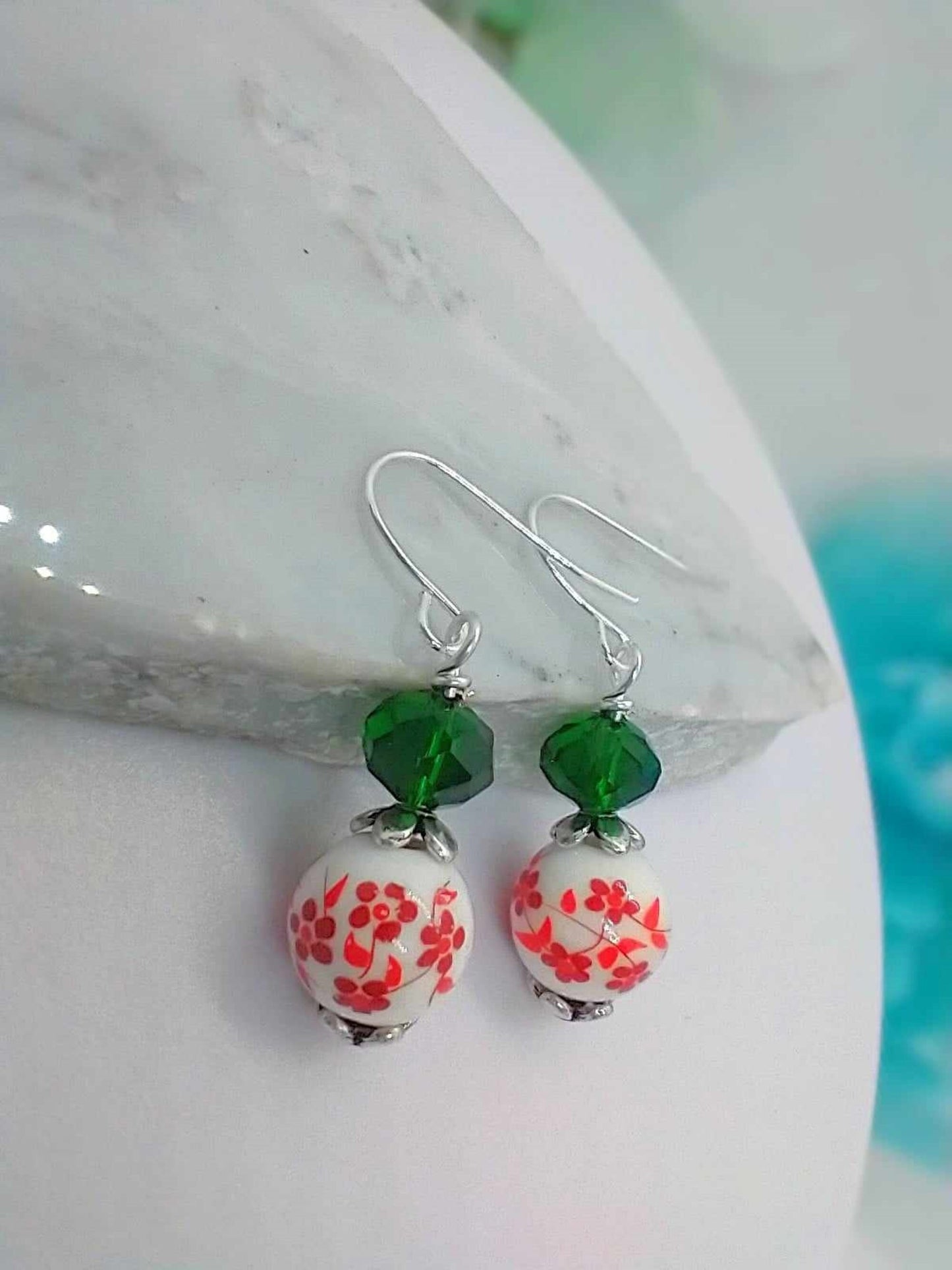 Red Floral Christmas Earrings: Silver Plated Dangle Earrings