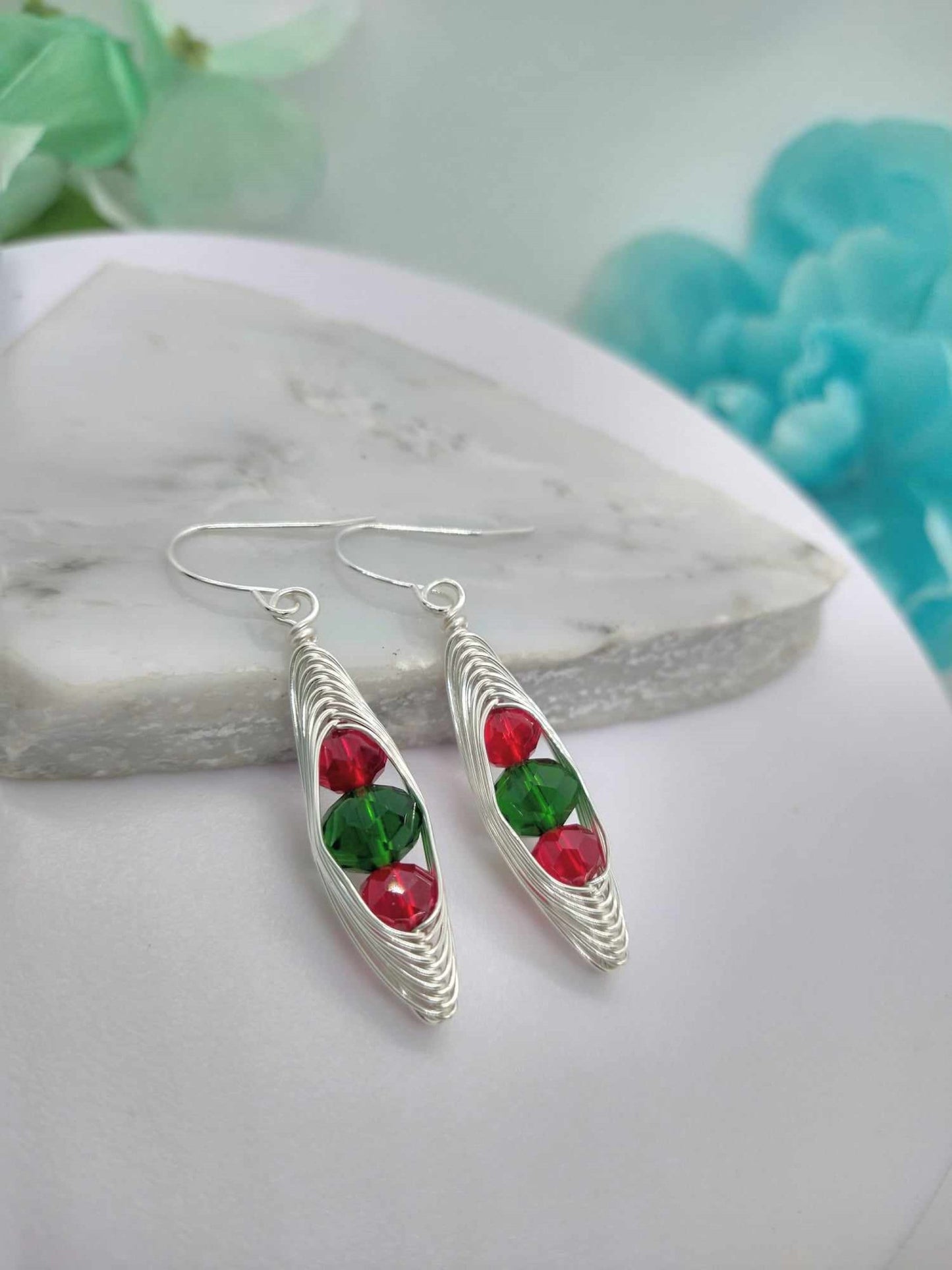 Wire Braided Christmas Dangle Earrings: Red & Green Glass