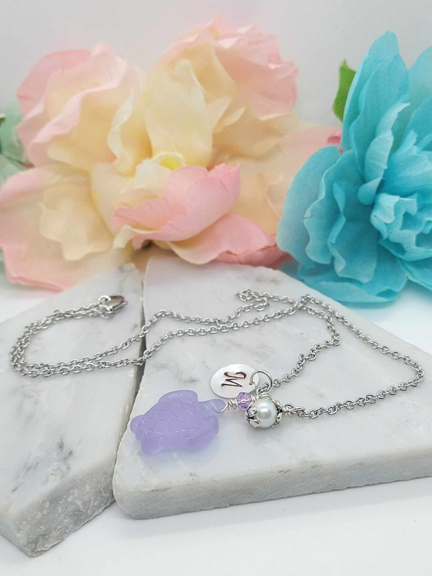Sea Glass Turtle Necklace: Personalized Stainless Steel Initial Pendant