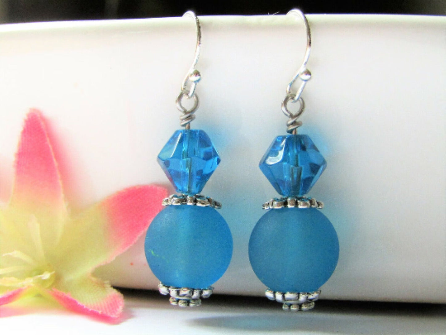 Blue Sea Glass Silver Dangle Earrings-Beach Dangles-Gift For Beach Lover-Gift For Her-Bridal Drops-Minimalist Dainty