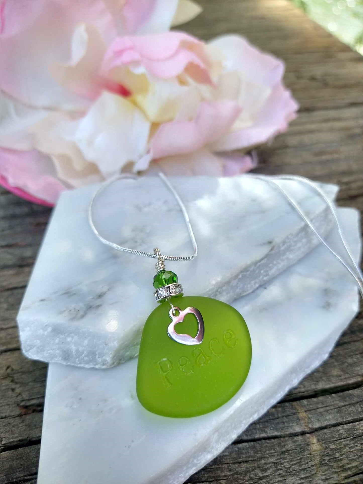 Personalized Seaglass PEACE Pendant Necklace: Initial Charm, Silver Plated