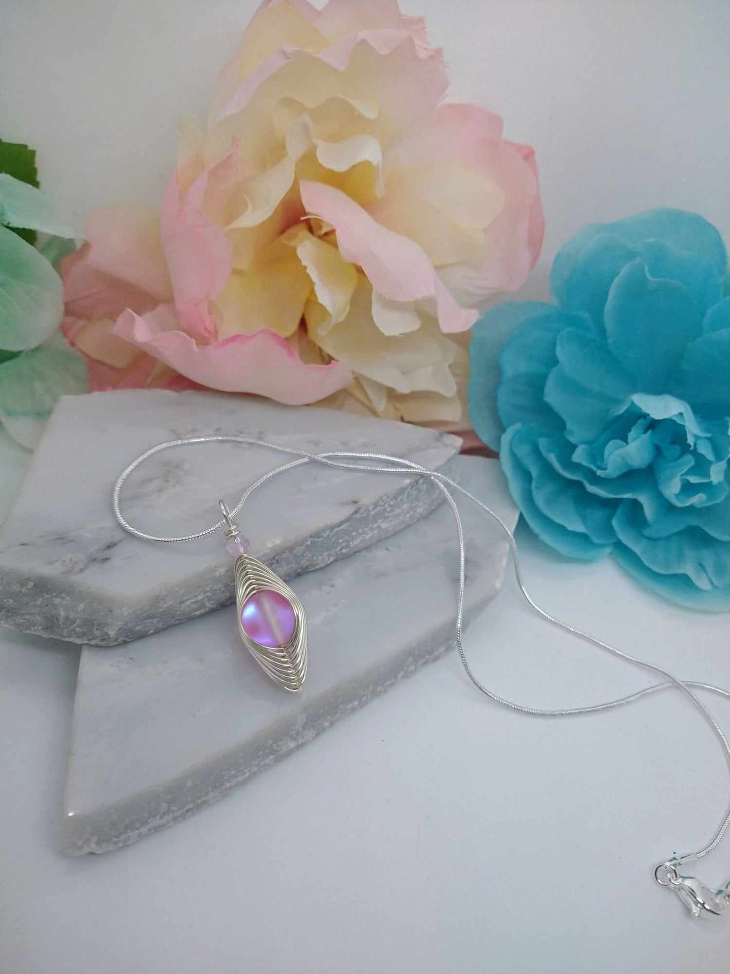 Pink Sea Glass Necklace: Silver Wire Wrapped Pendant, 18 Inch Chain